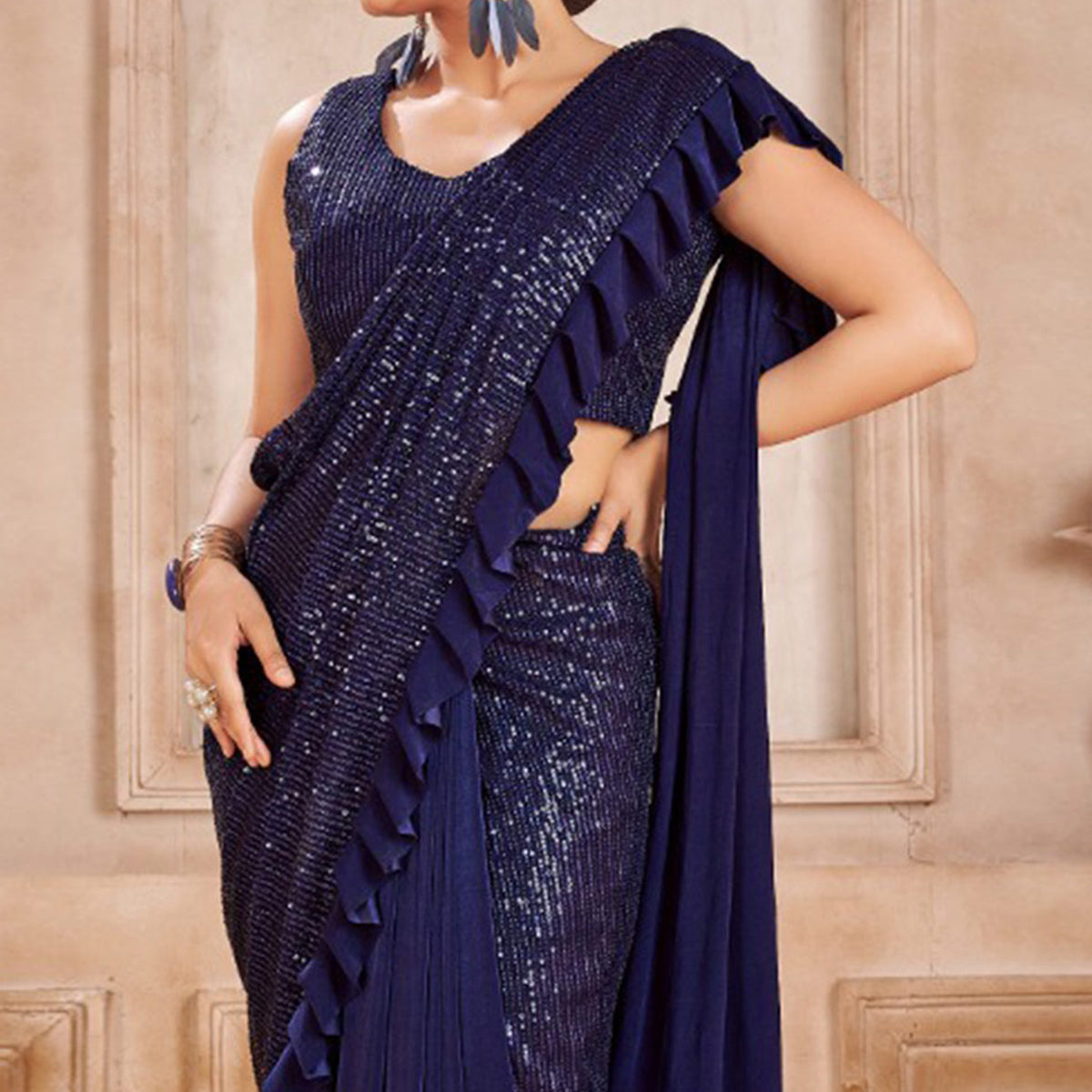 Navy Blue Sequins Embroidered Ready to Wear Lycra And Netted Saree