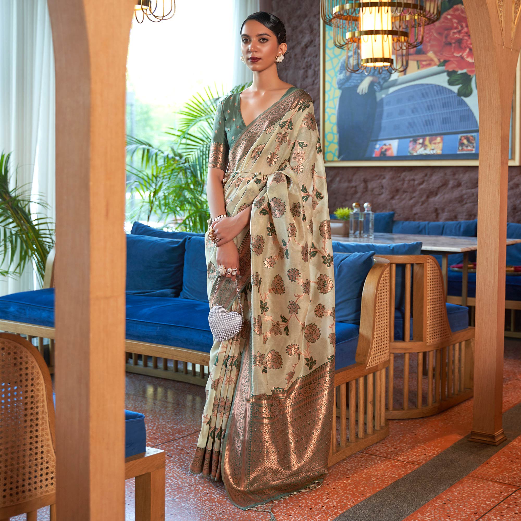 Cream Woven Organza Saree With Tassels