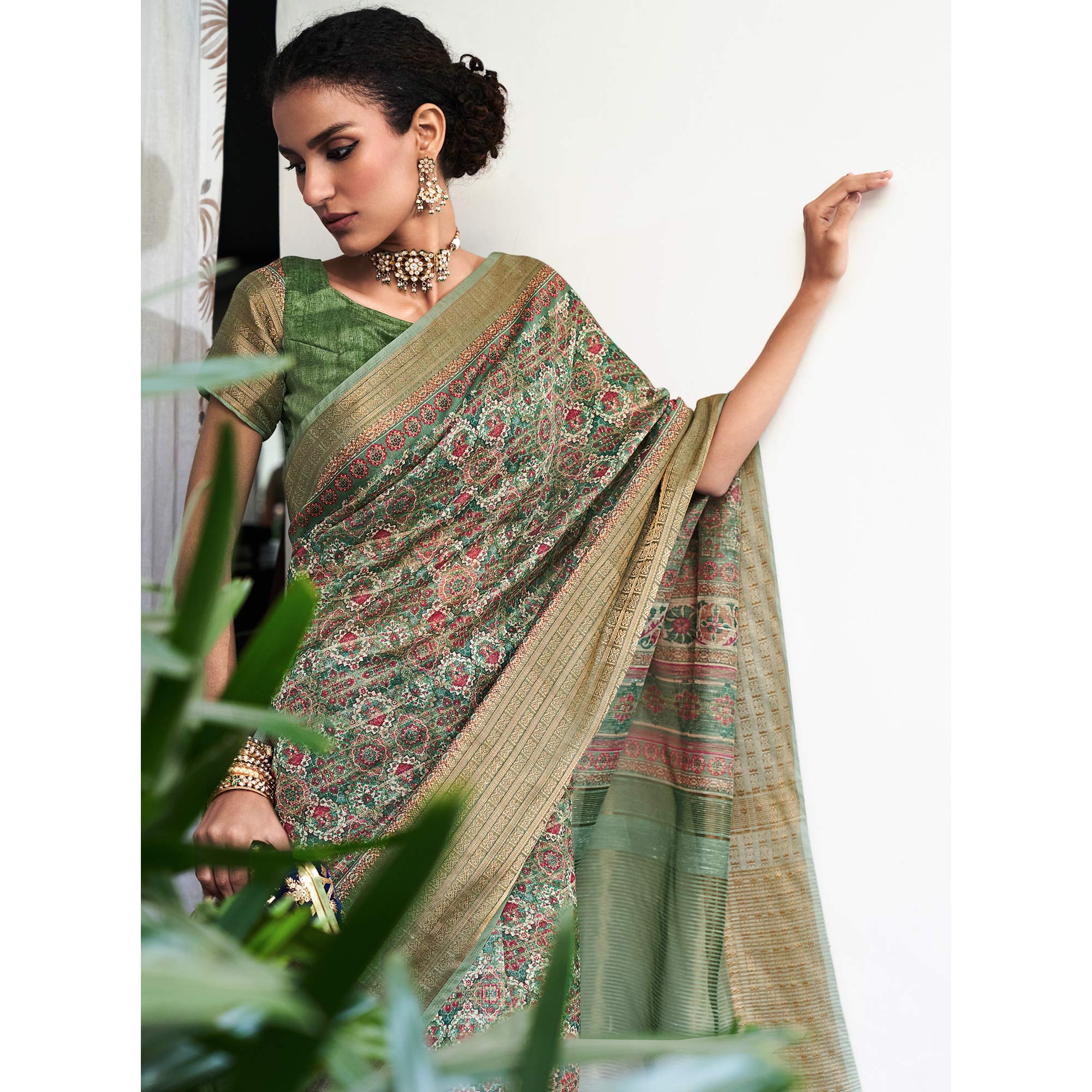 Green Digital Printed Linen Saree