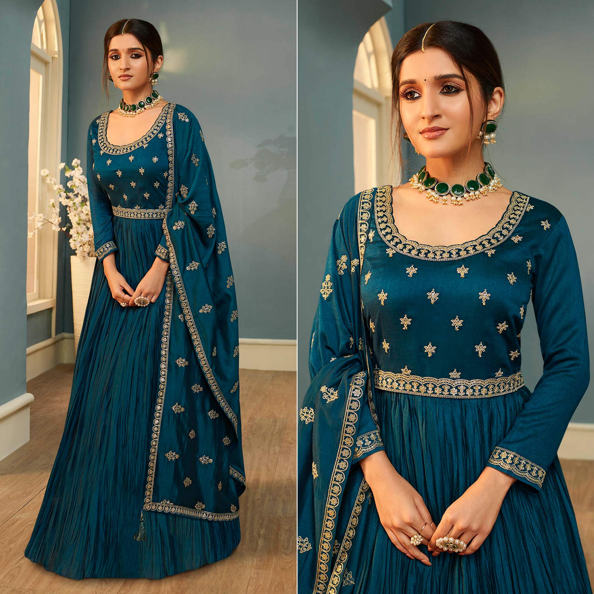 Teal Blue Embroidered Georgette Gown