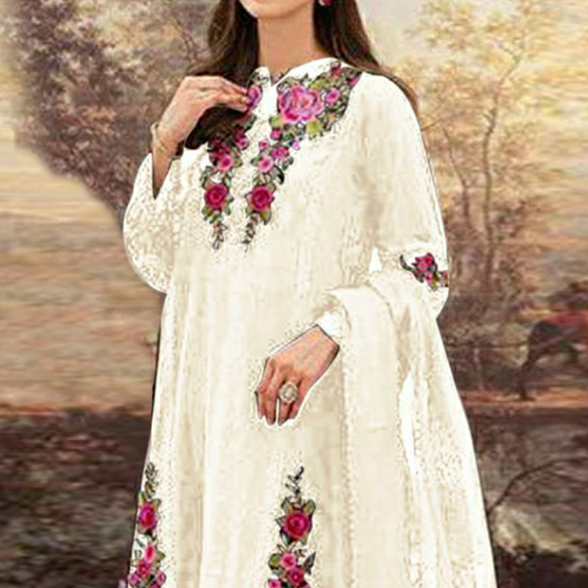 White Floral Embroidered Georgette Suit