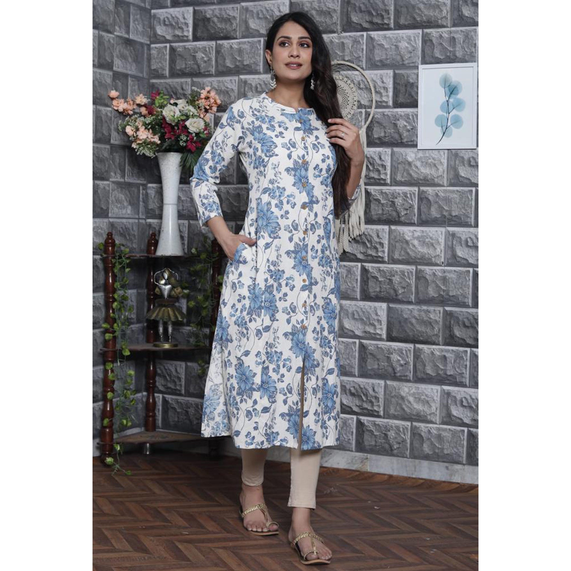 White Blue Floral Printed Cotton Kurti