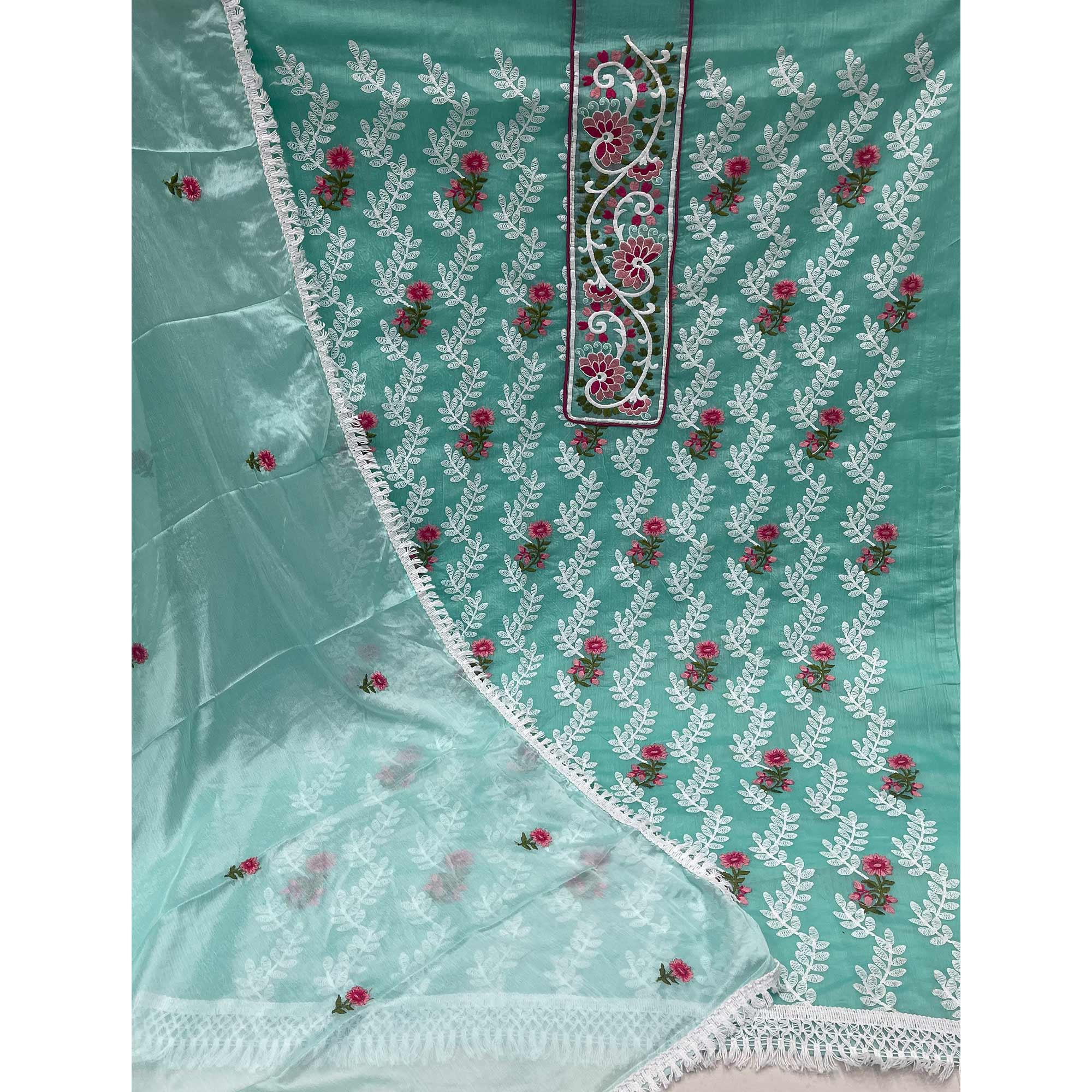 Turquoise Floral Embroidered Chanderi Dress Material
