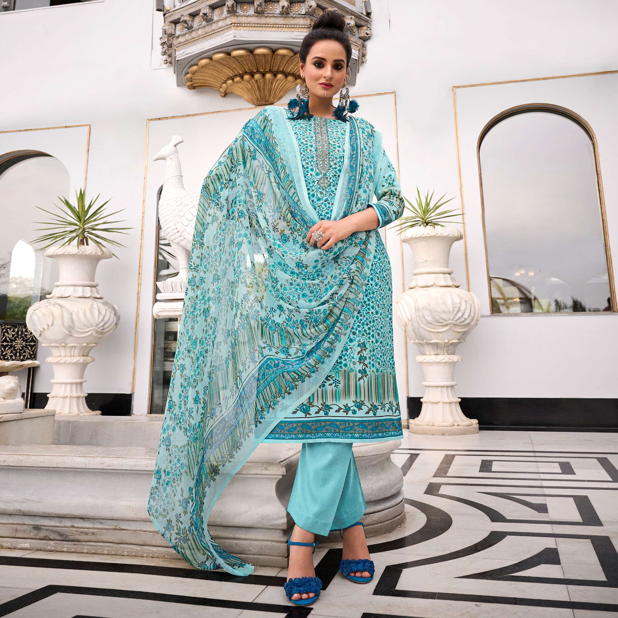 Blue Printed With Embroidered Pure Cotton Salwar Suit