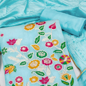 Blue Floral Woven Banarasi Silk Dress Material