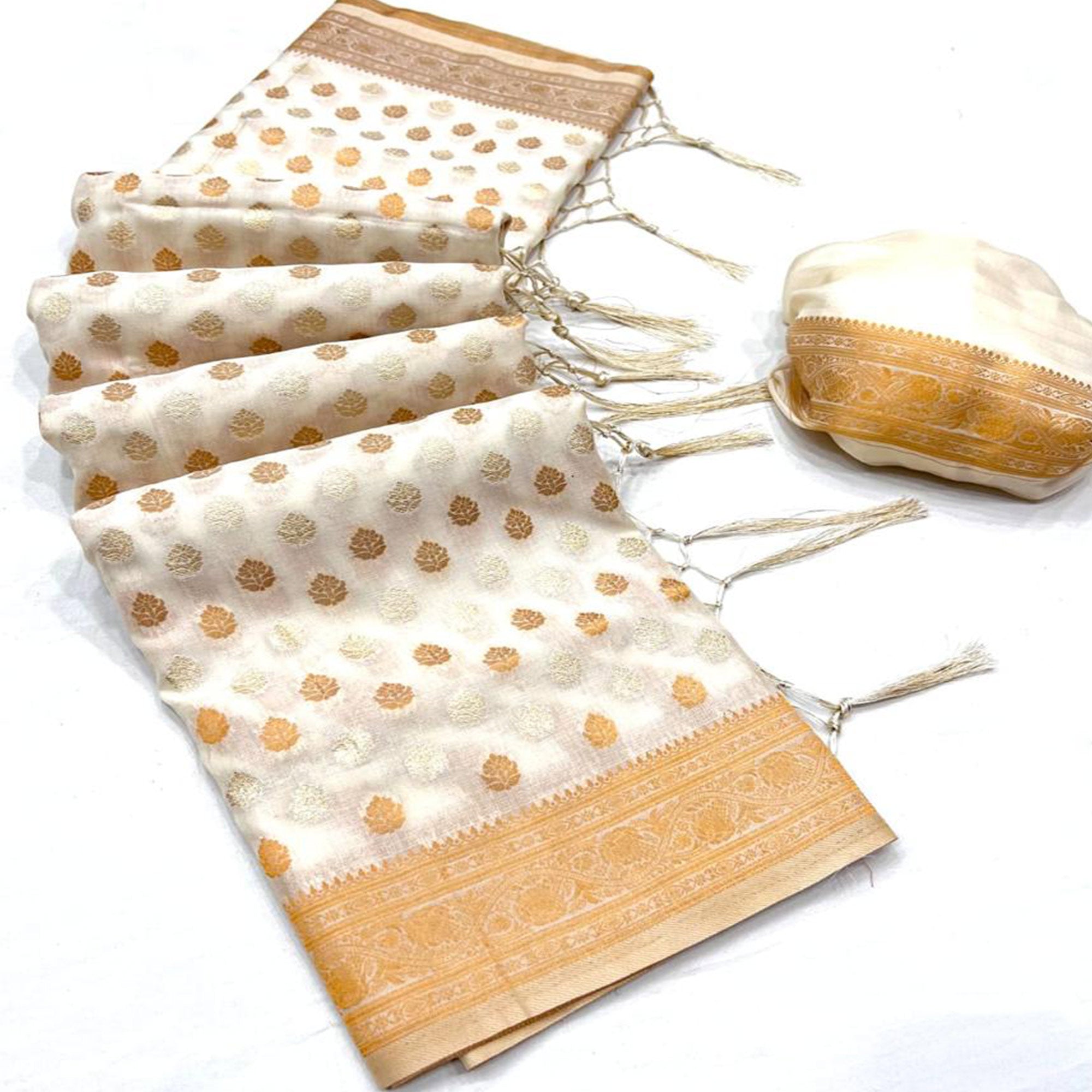 White Woven Khadi Silk Saree With Tassels