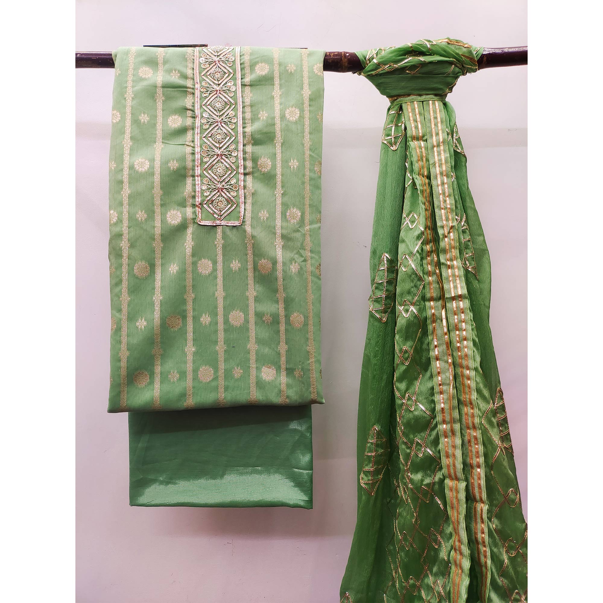 Green Floral Woven Banarasi Silk Dress Material