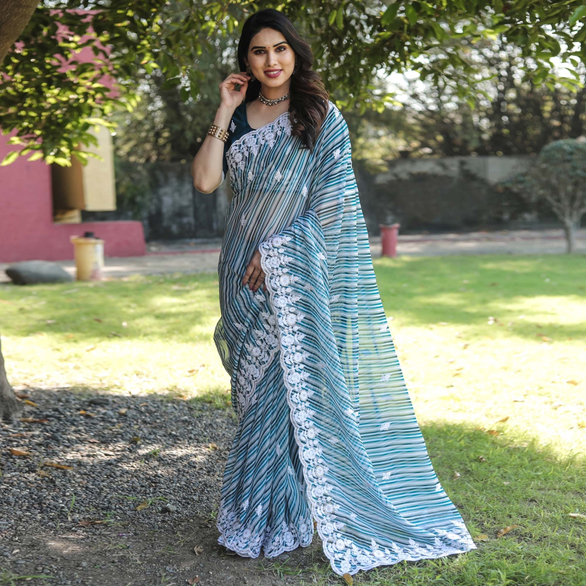 Blue Digital Printed With Embroidered Organza Saree