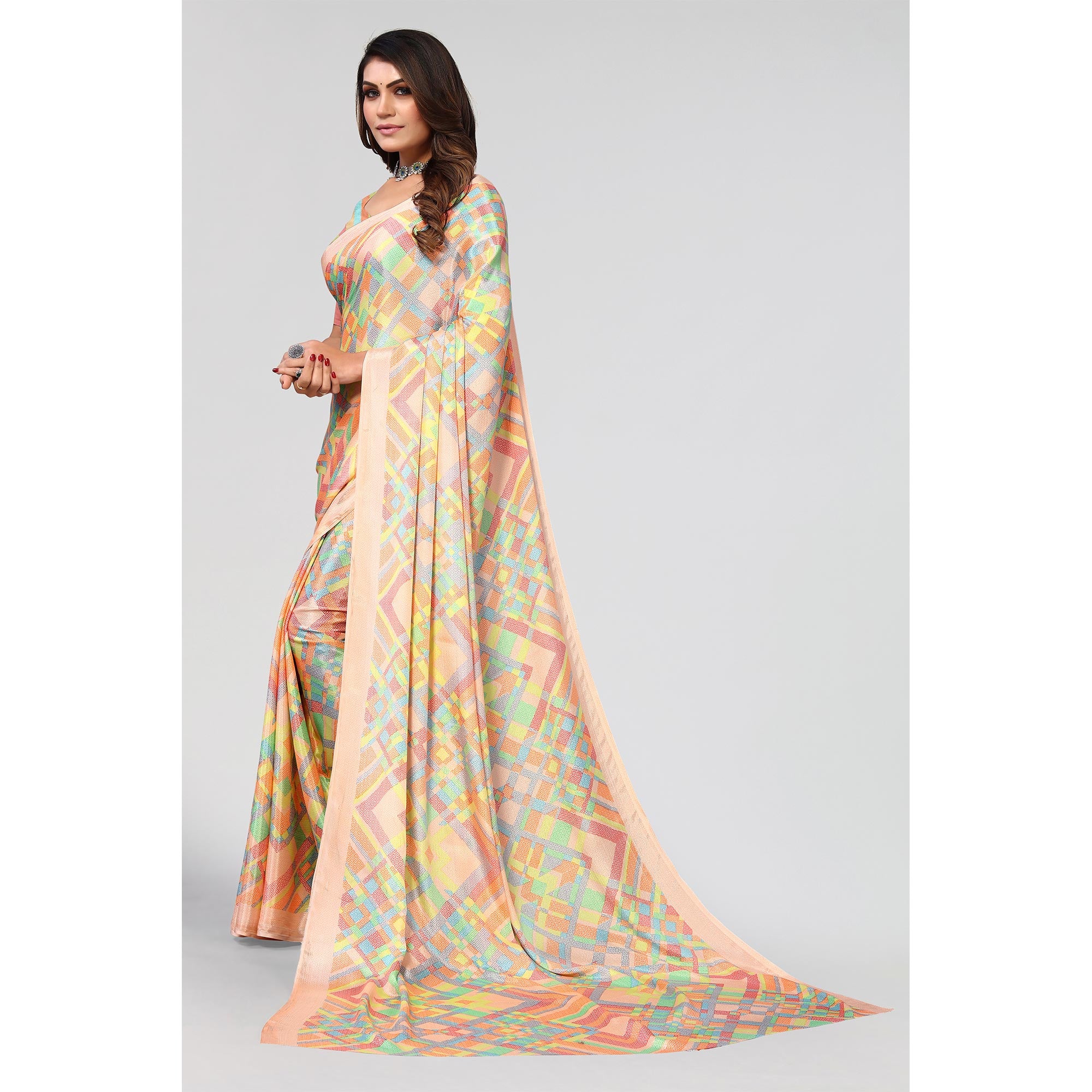 Light Orange Geometric Printed Chiffon Saree