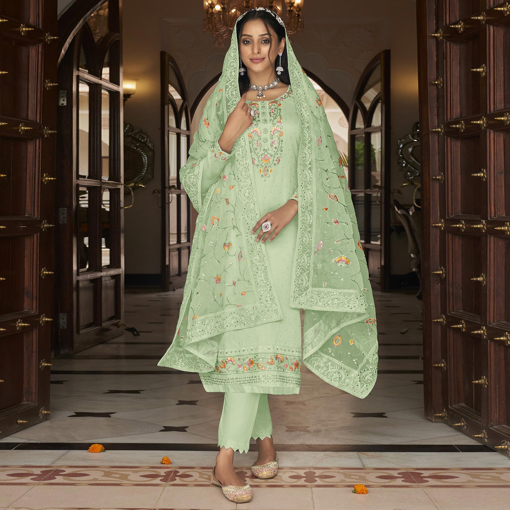 Green Floral Embroidered Georgette Salwar Suit