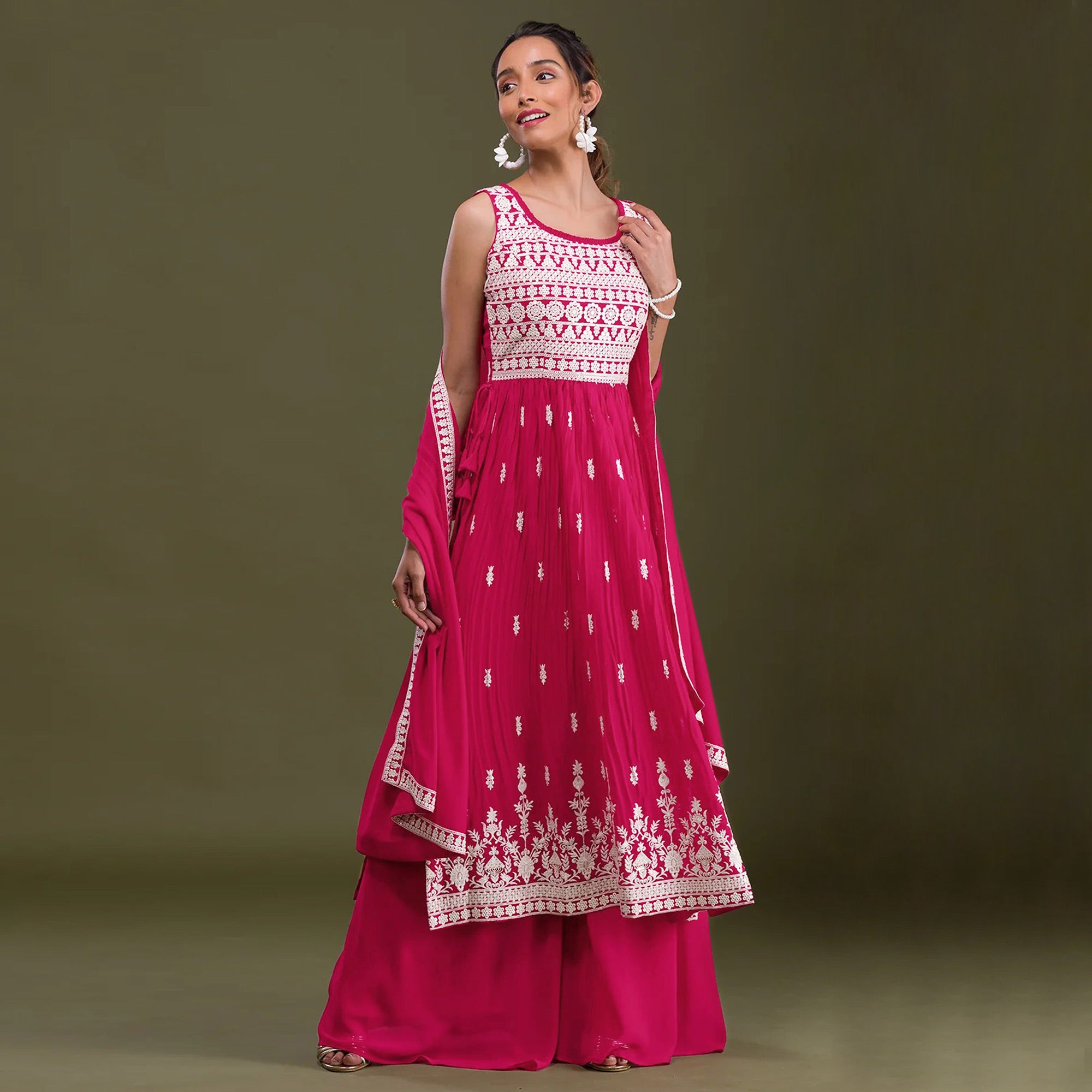 Rani Pink Sequins Embroidered Georgette Naira Cut Palazzo Suit
