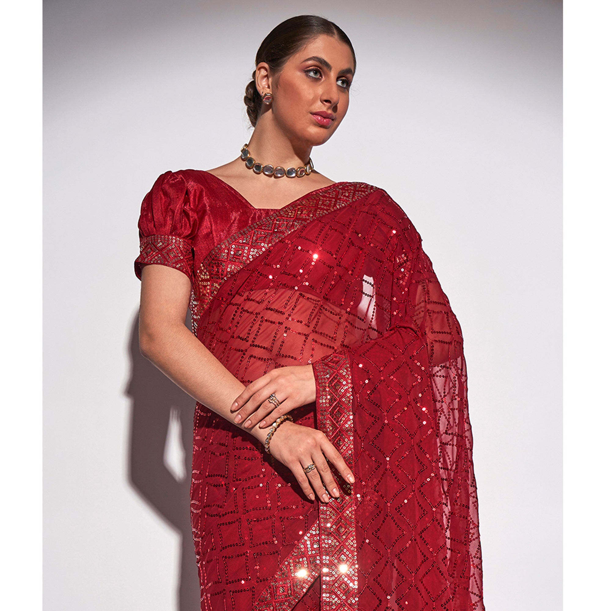 Red Sequins Embroidered Georgette Saree