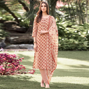 Beige Floral Printed Cotton Blend Suit