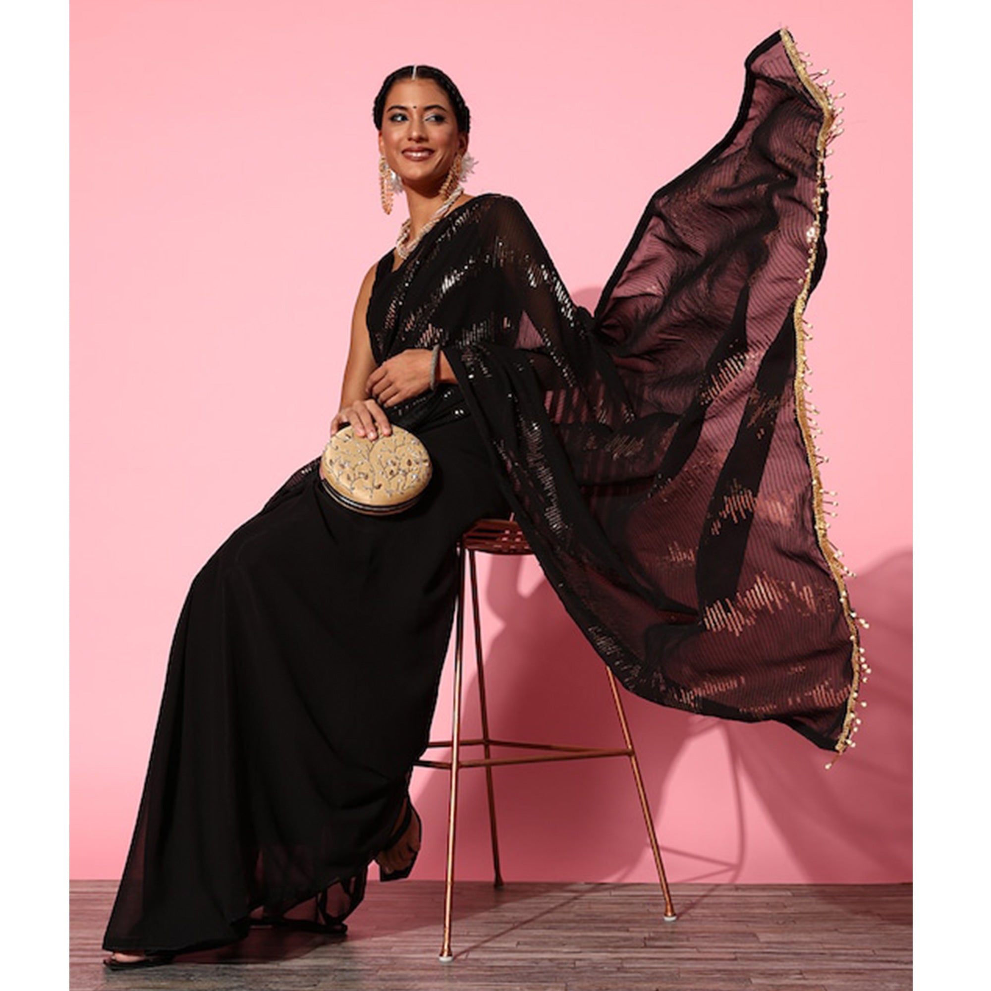 Black Sequins Embroidered Georgette Saree