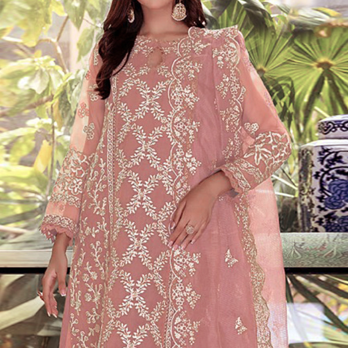 Peach Floral Embroidered Georgette Salwar Suit