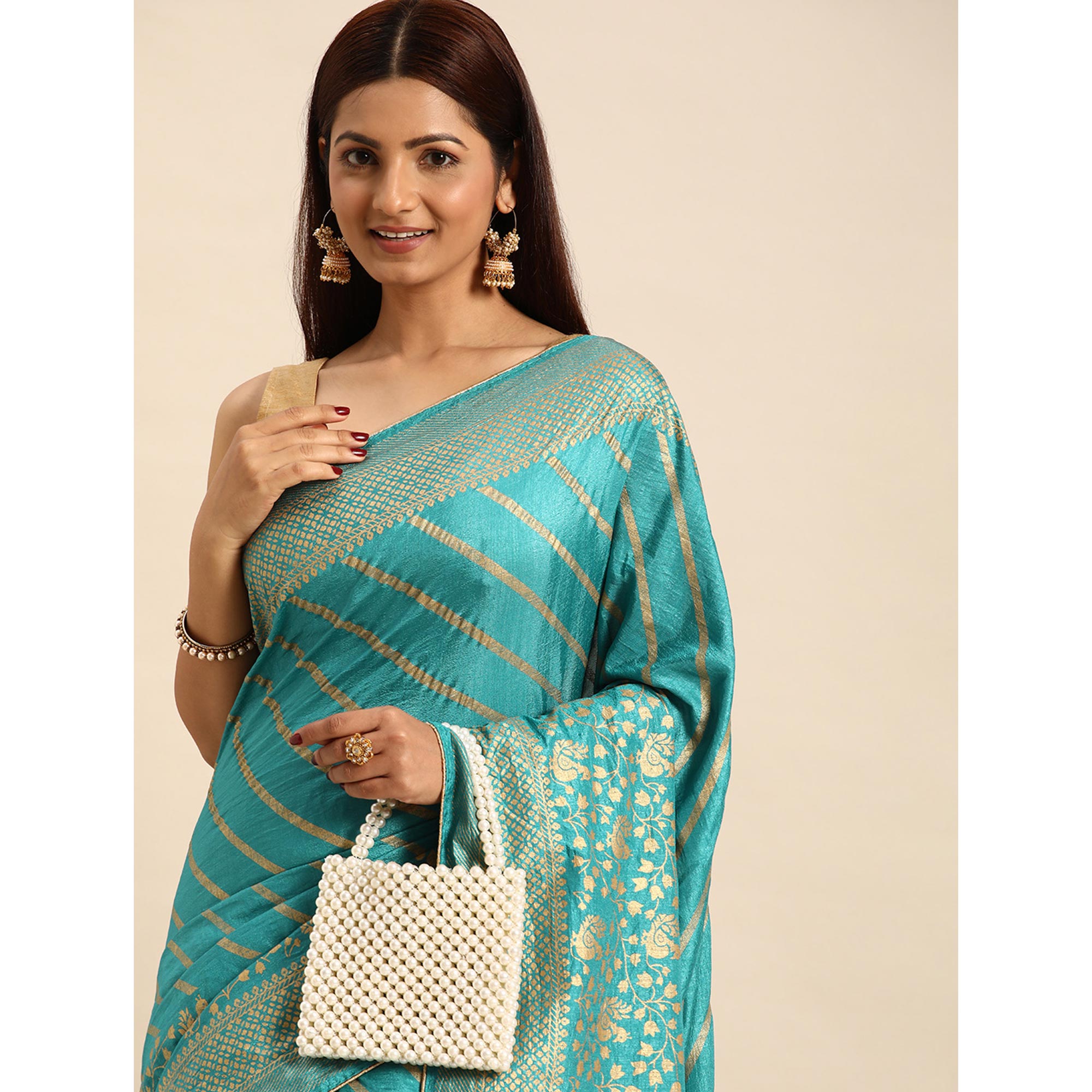 Elegant Blue Vichitra Silk Saree with Golden Zari Stripes and Floral Border