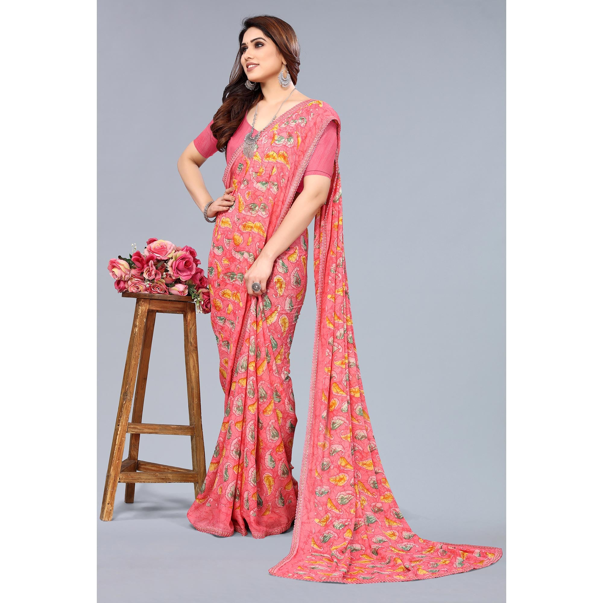 Peach Printed Georgette Saree With Crochet Border