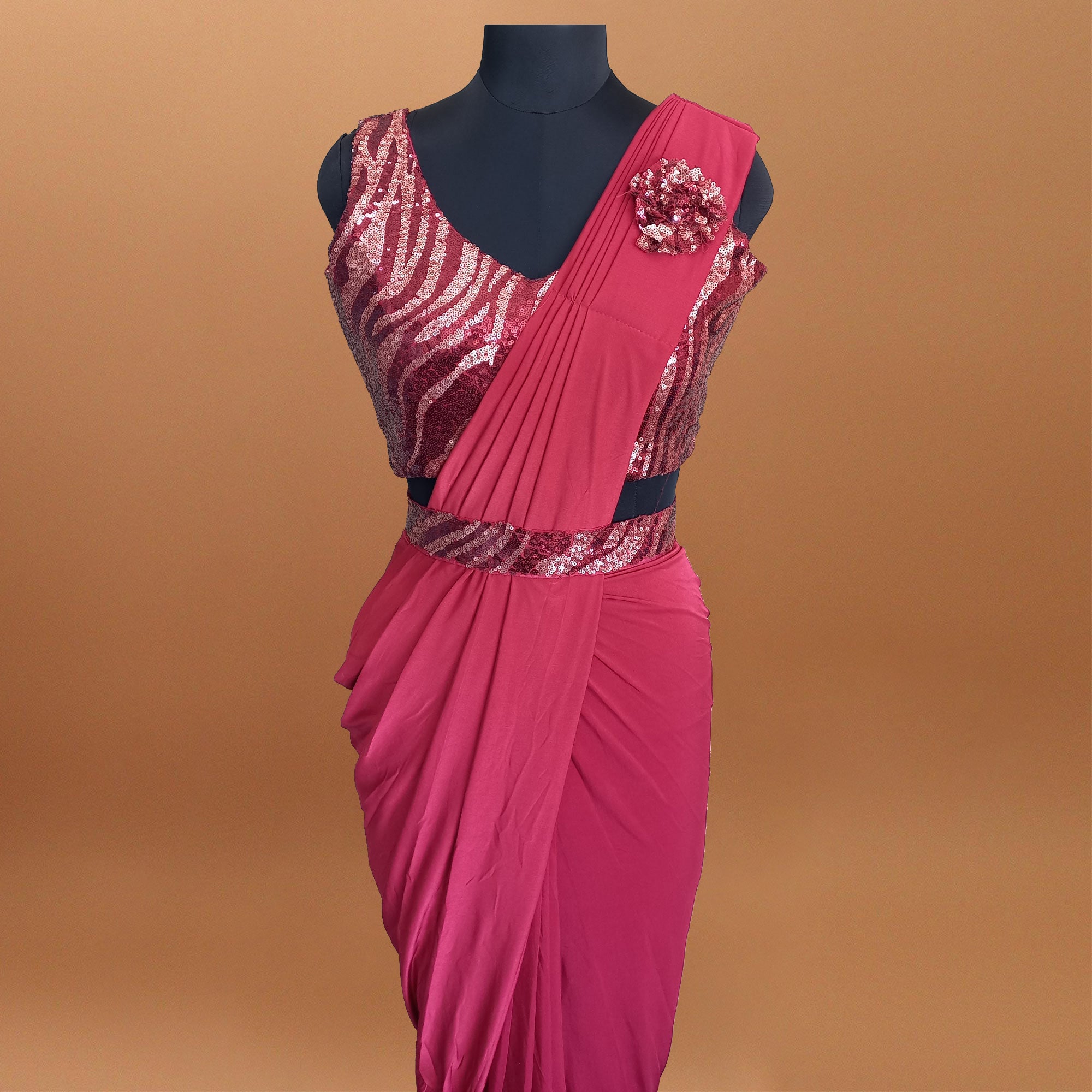 Pink Solid With Sequins Ready to Wear Lycra Saree