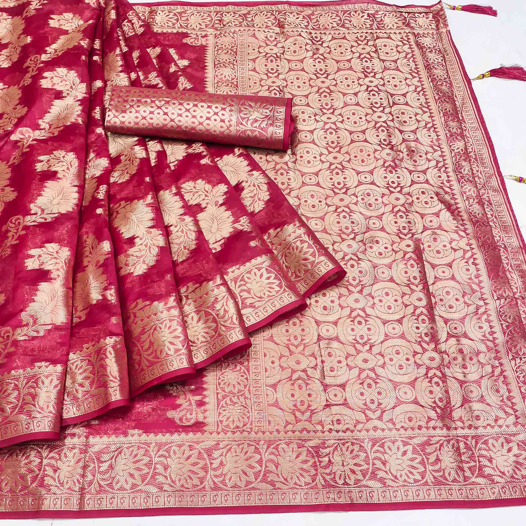 Pink Floral Woven Art Silk Saree With Tassels