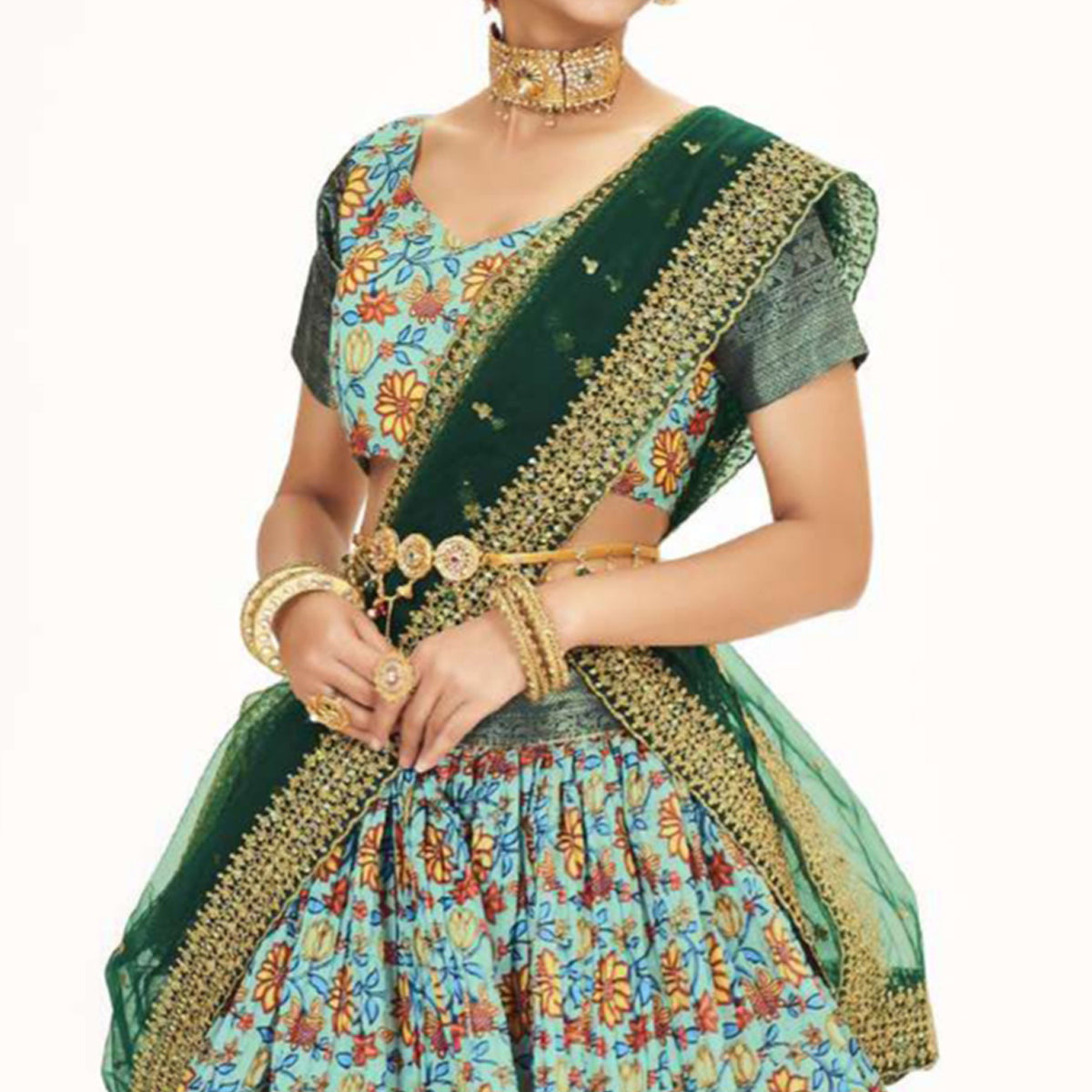 Seafoam Green Digital Printed With Zari Work Art Silk Lehenga Choli