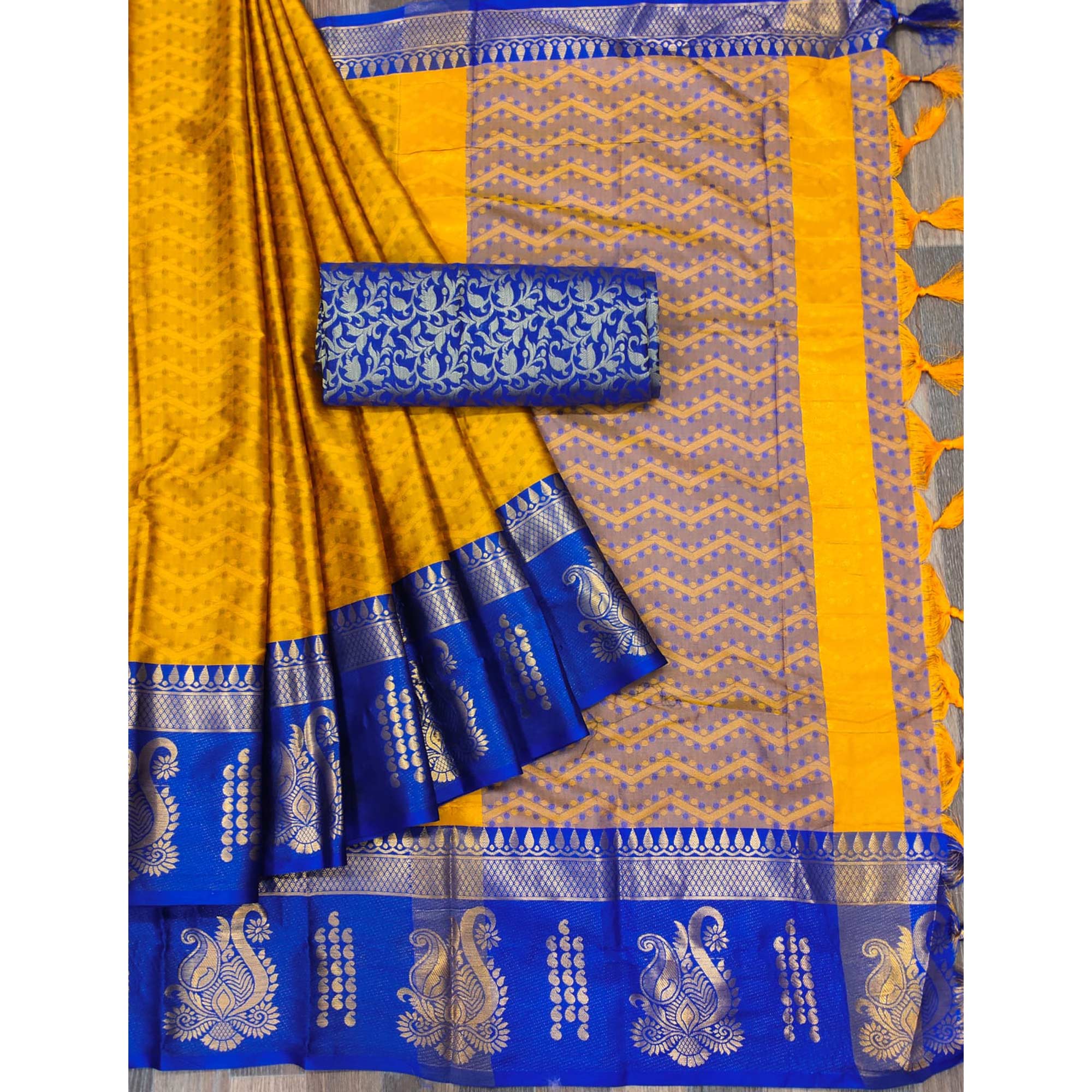 Golden Woven Cotton Silk Saree With Tassels