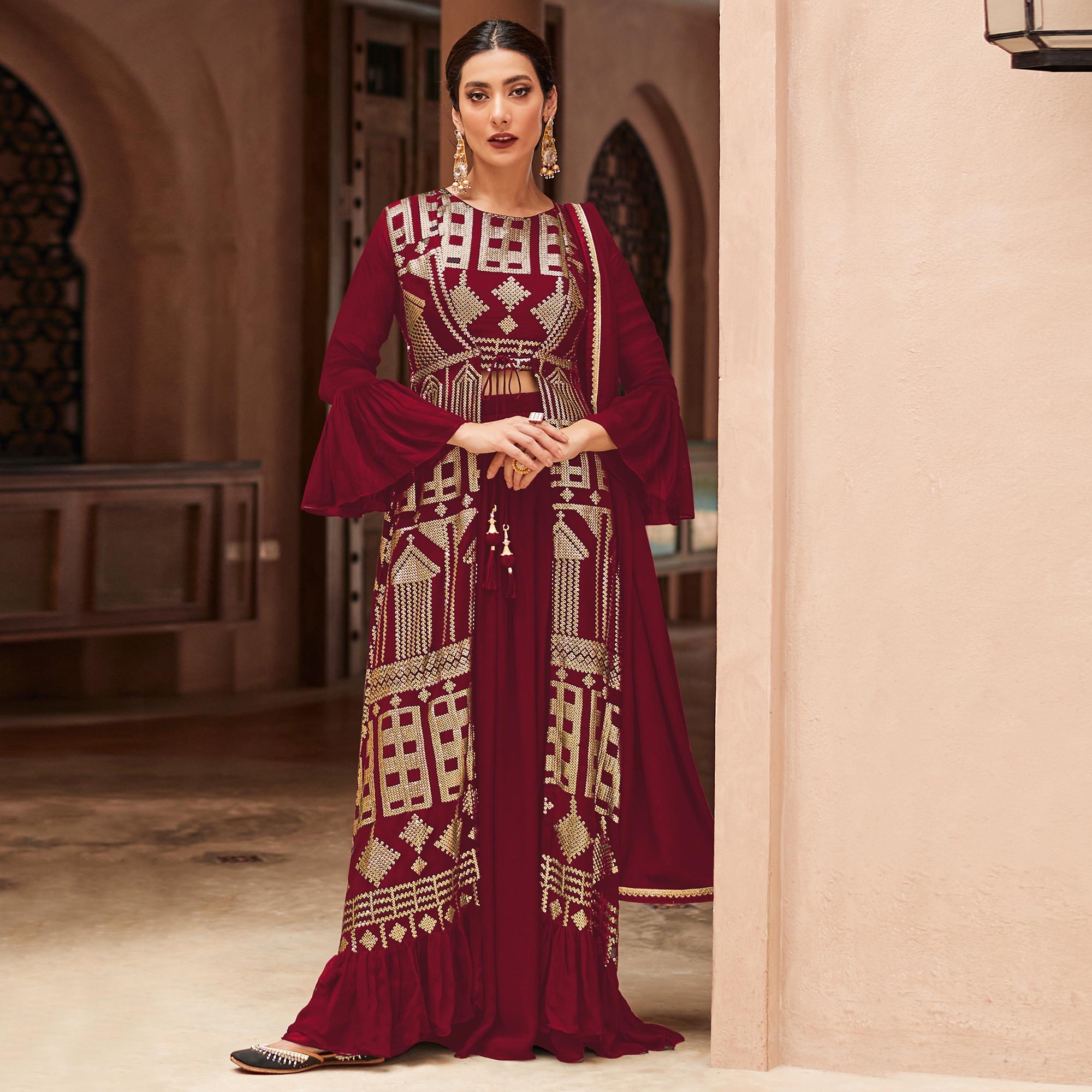Maroon Sequins Embroidered Georgette Sharara Choli With Jacket