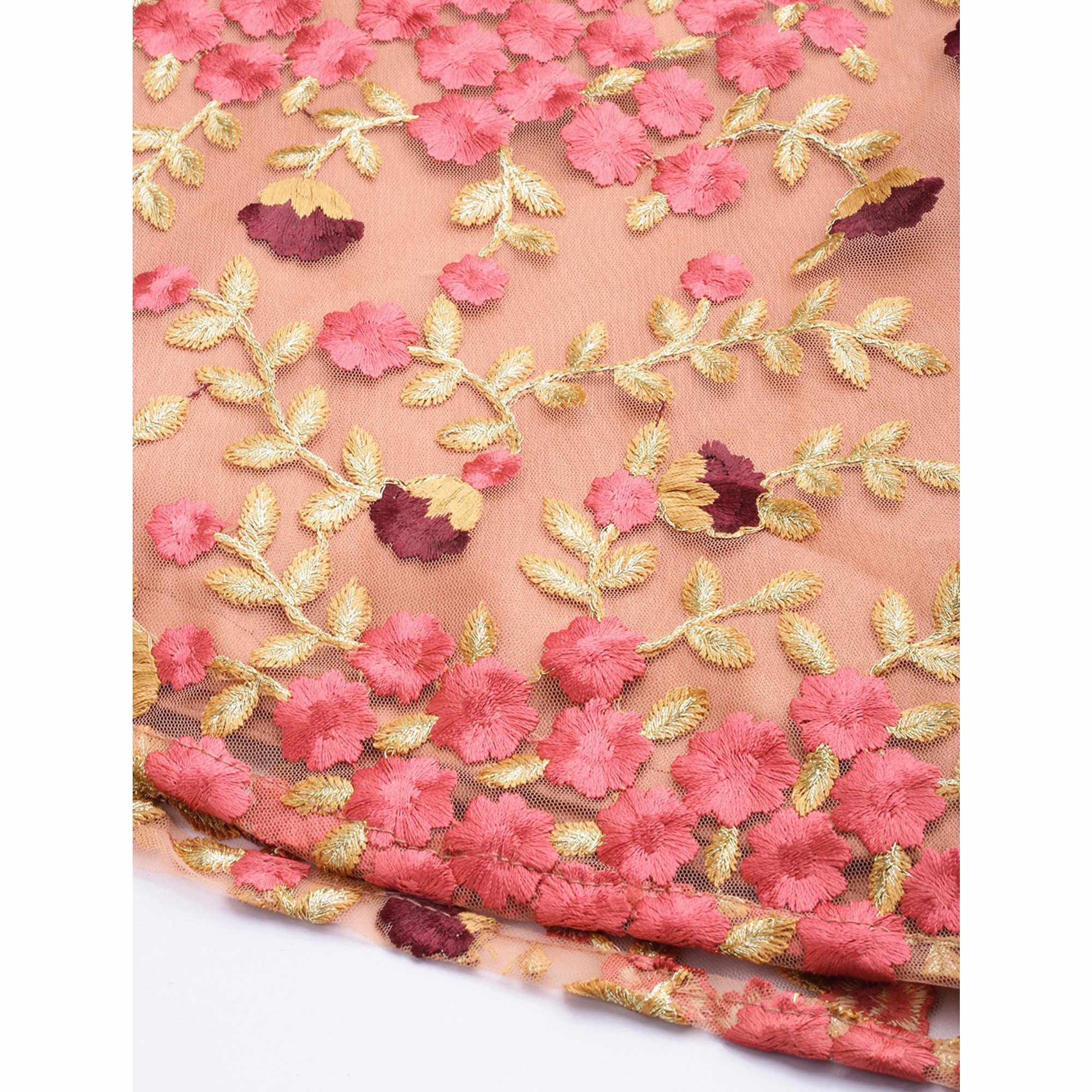 Peach Floral Embroidered Netted Lehenga Choli