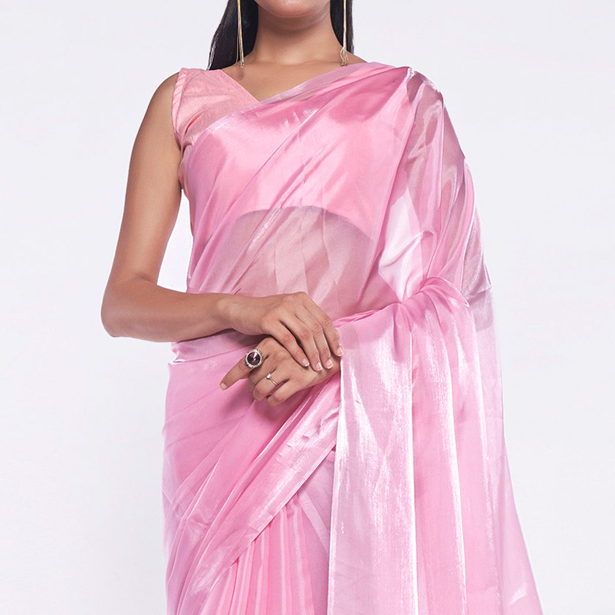 Pink Solid Organza Saree With Tassels