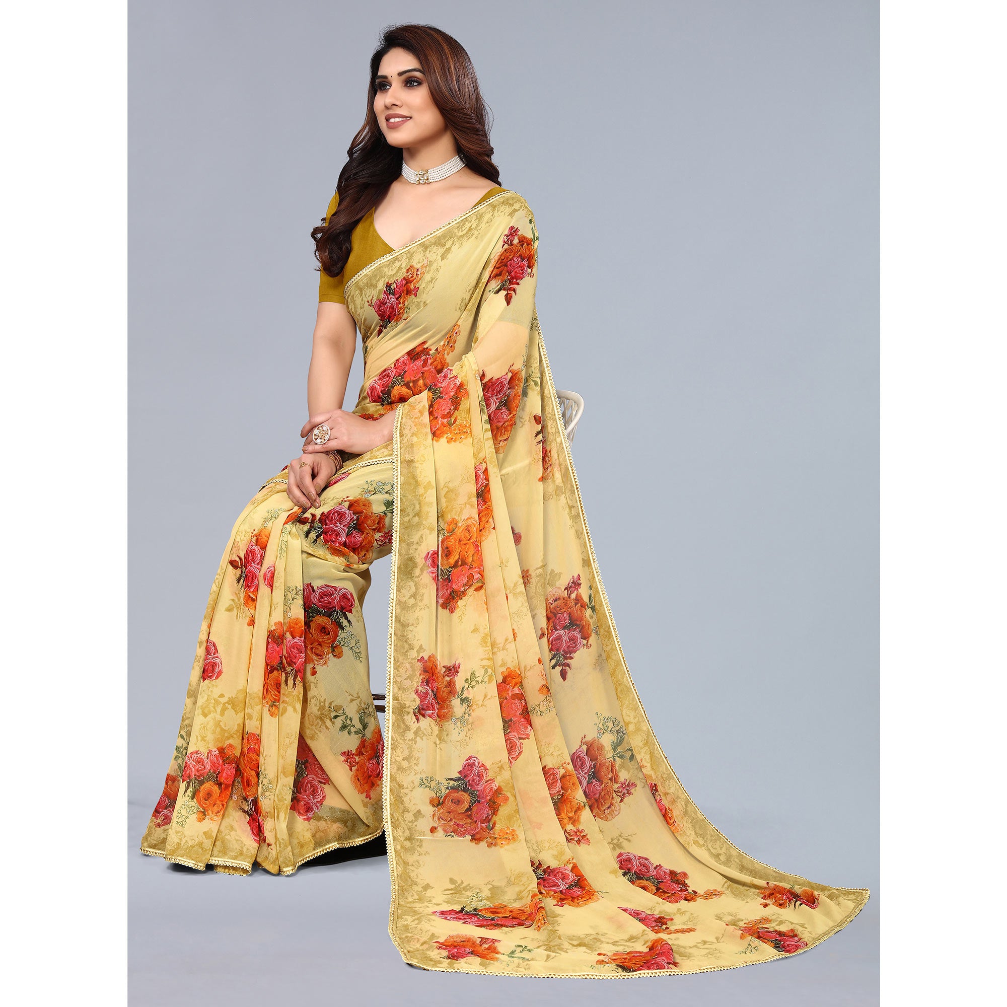 Yellow Floral Printed Georgette Saree