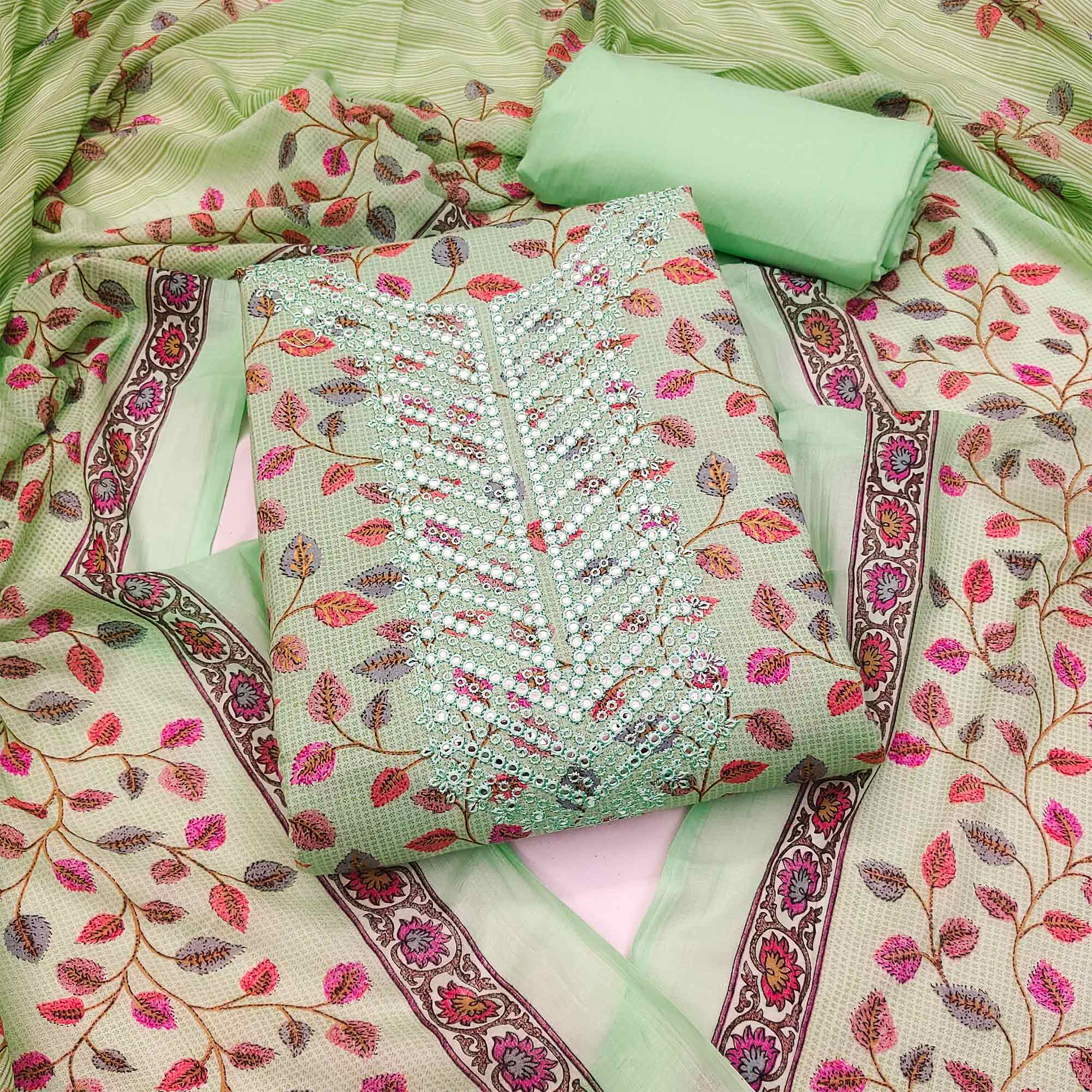 Green Floral Printed-Mirror Work Pure Cotton Dress Material