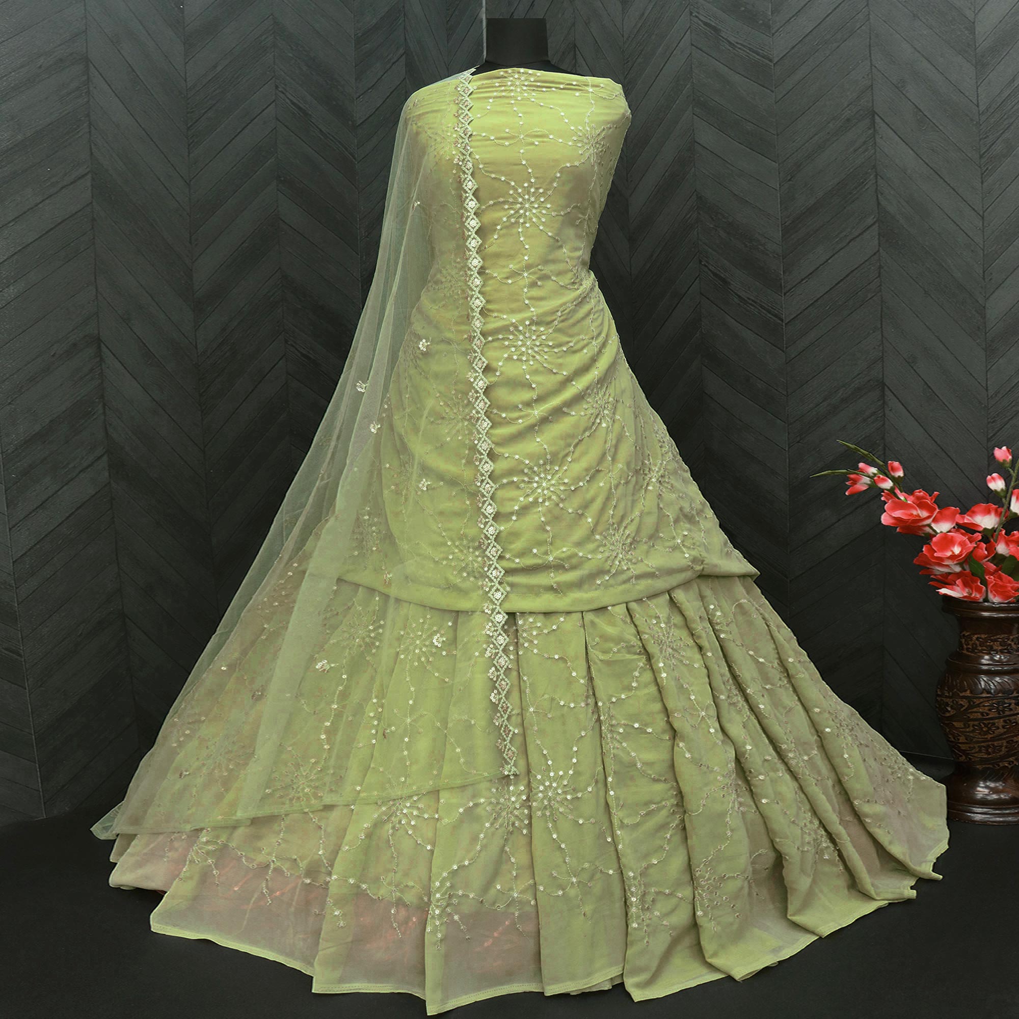 Pista Green Sequins Embroidered Georgette Semi Stitched Gharara Style Suit