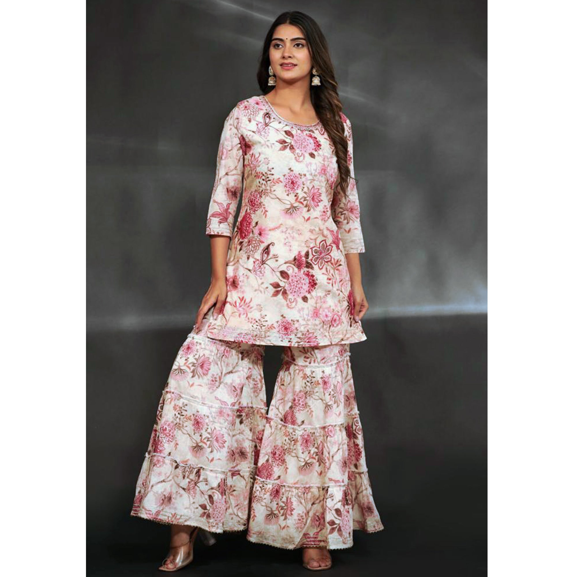 White & Pink Floral Printed Muslin Sharara Suit