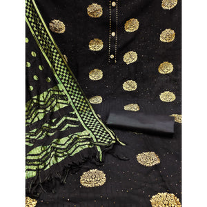 Black Modal Dress Material With Floral Sequins Work And Checked Dupatta