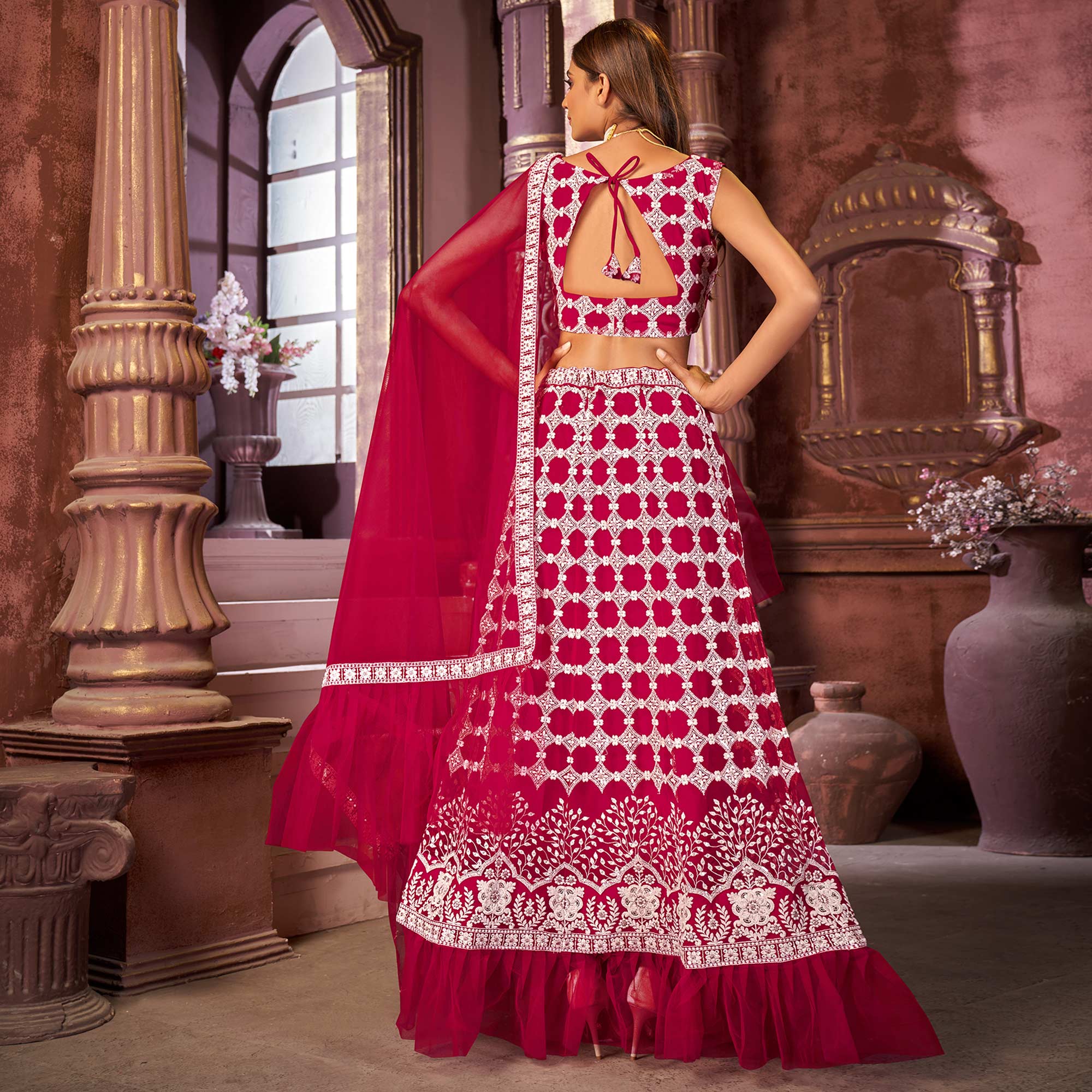 Rani Pink Floral Sequins Embroidered Net Lehenga Choli