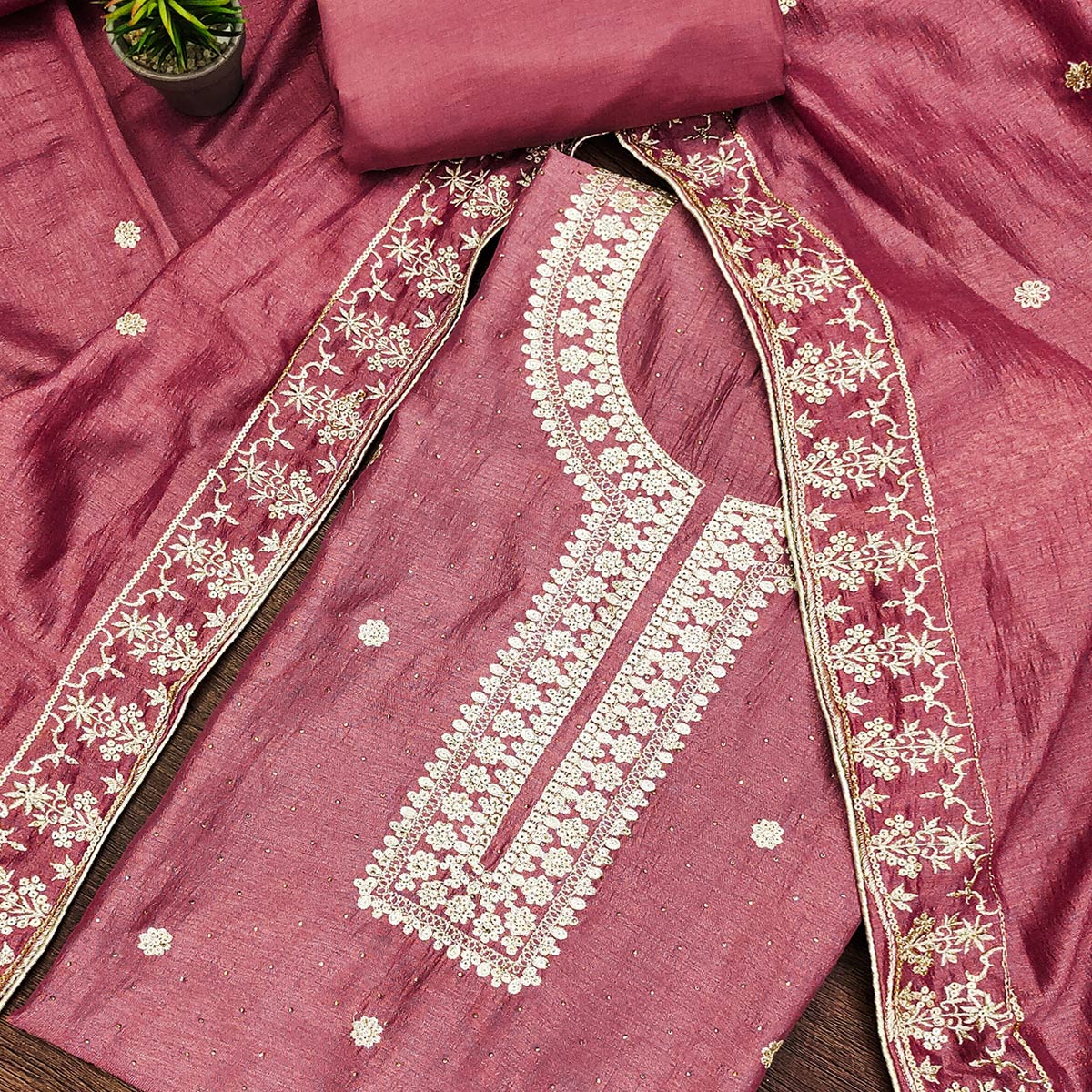 Pink Floral Embroidered Modal Dress Material