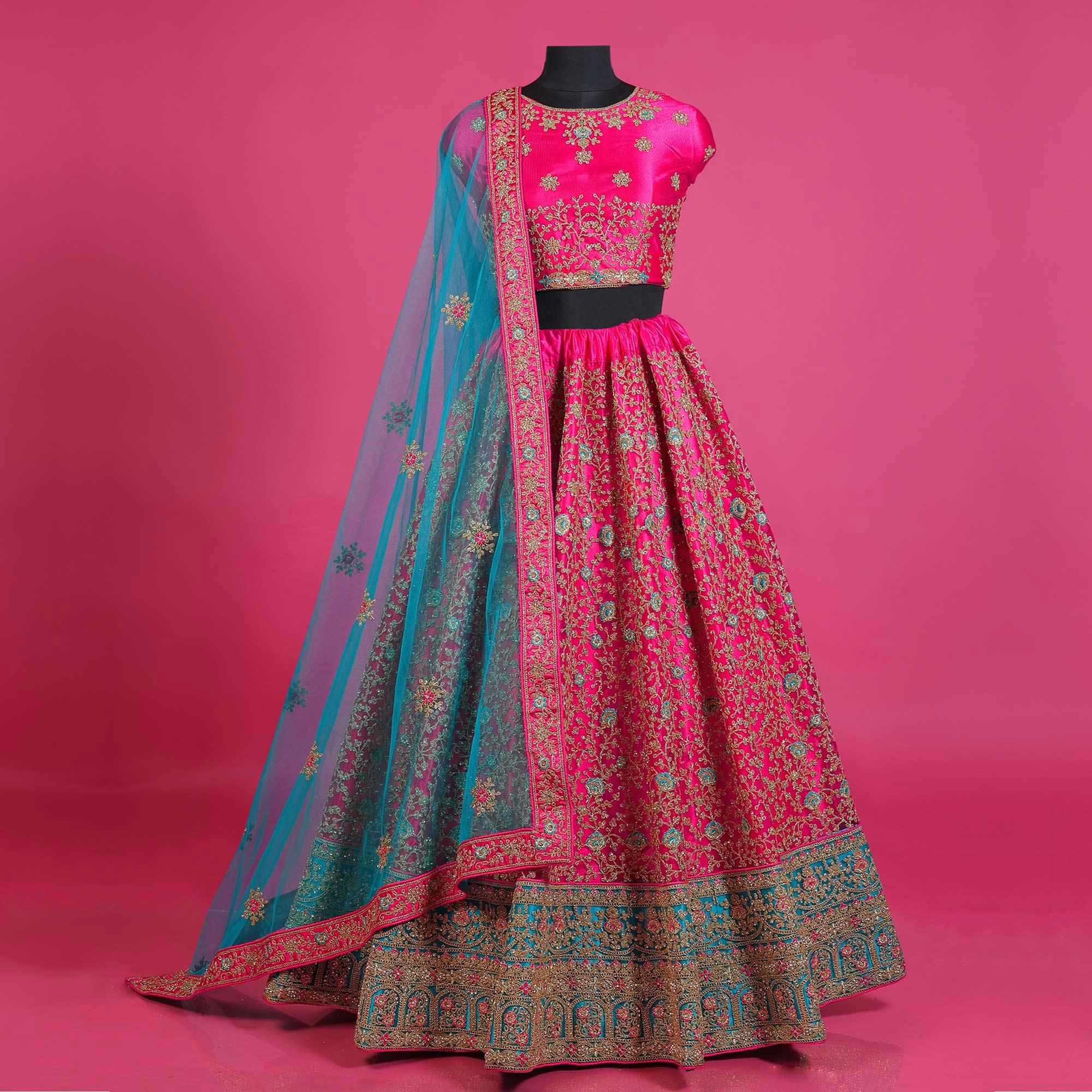 Pink Floral Embroidered Net Lehenga Choli