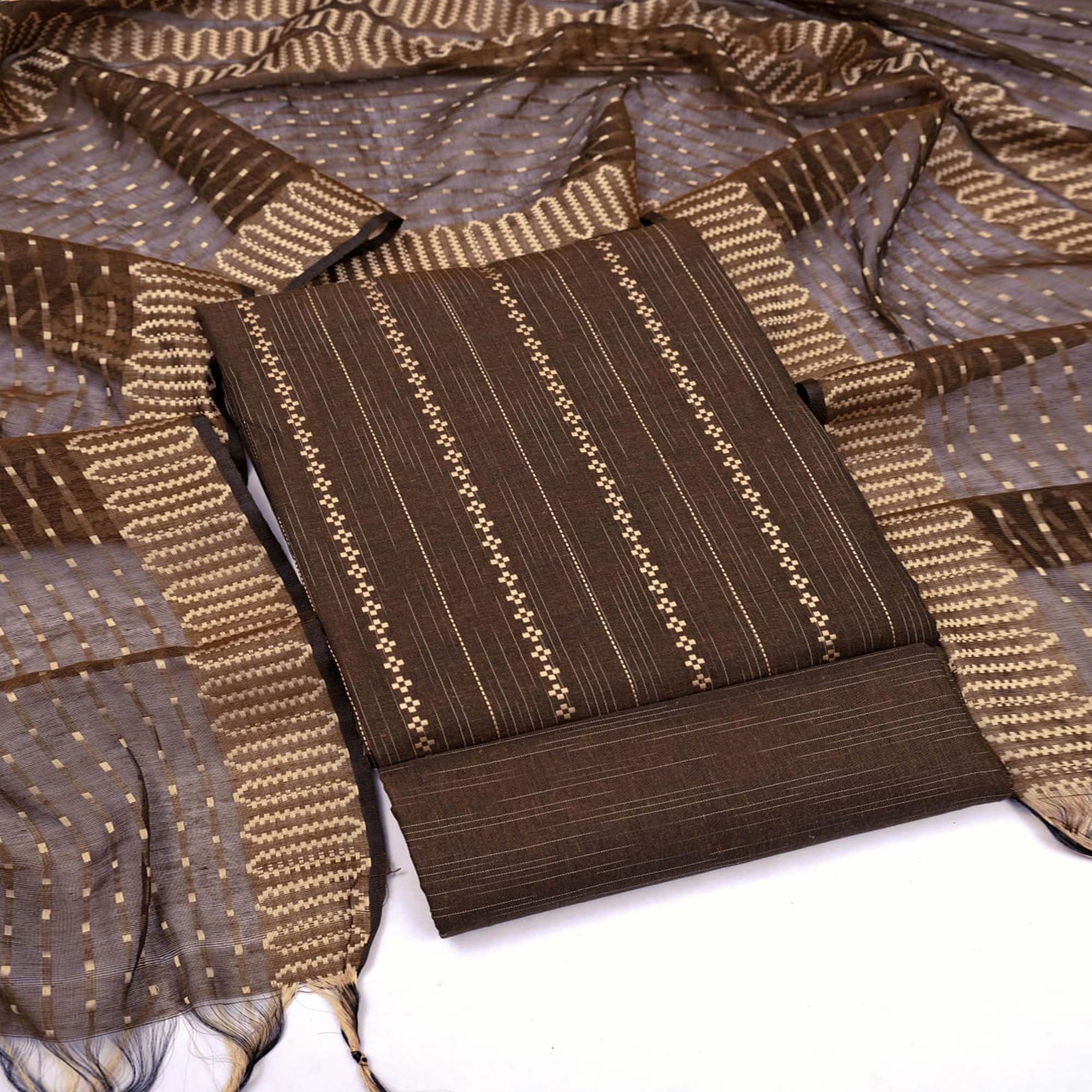 Brown Woven Cotton Blend Dress Material