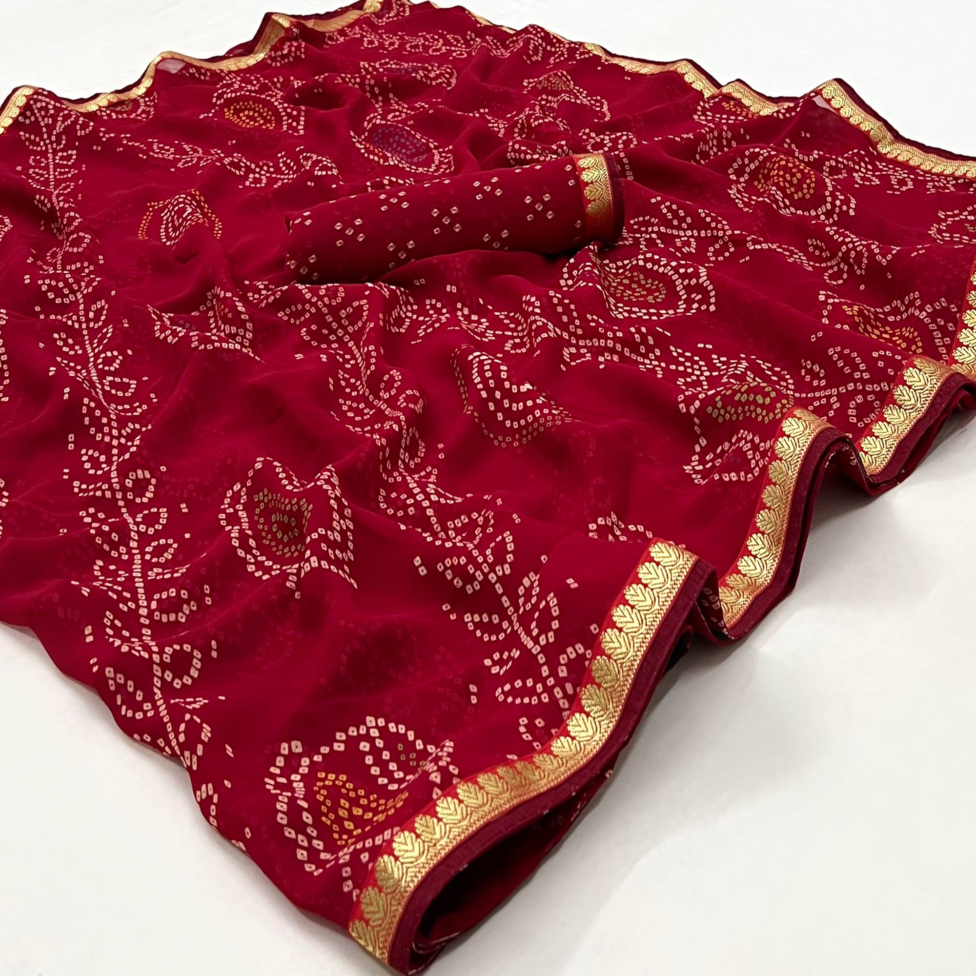 Dark Pink Bandhani Printed Georgette Saree With Designer Border