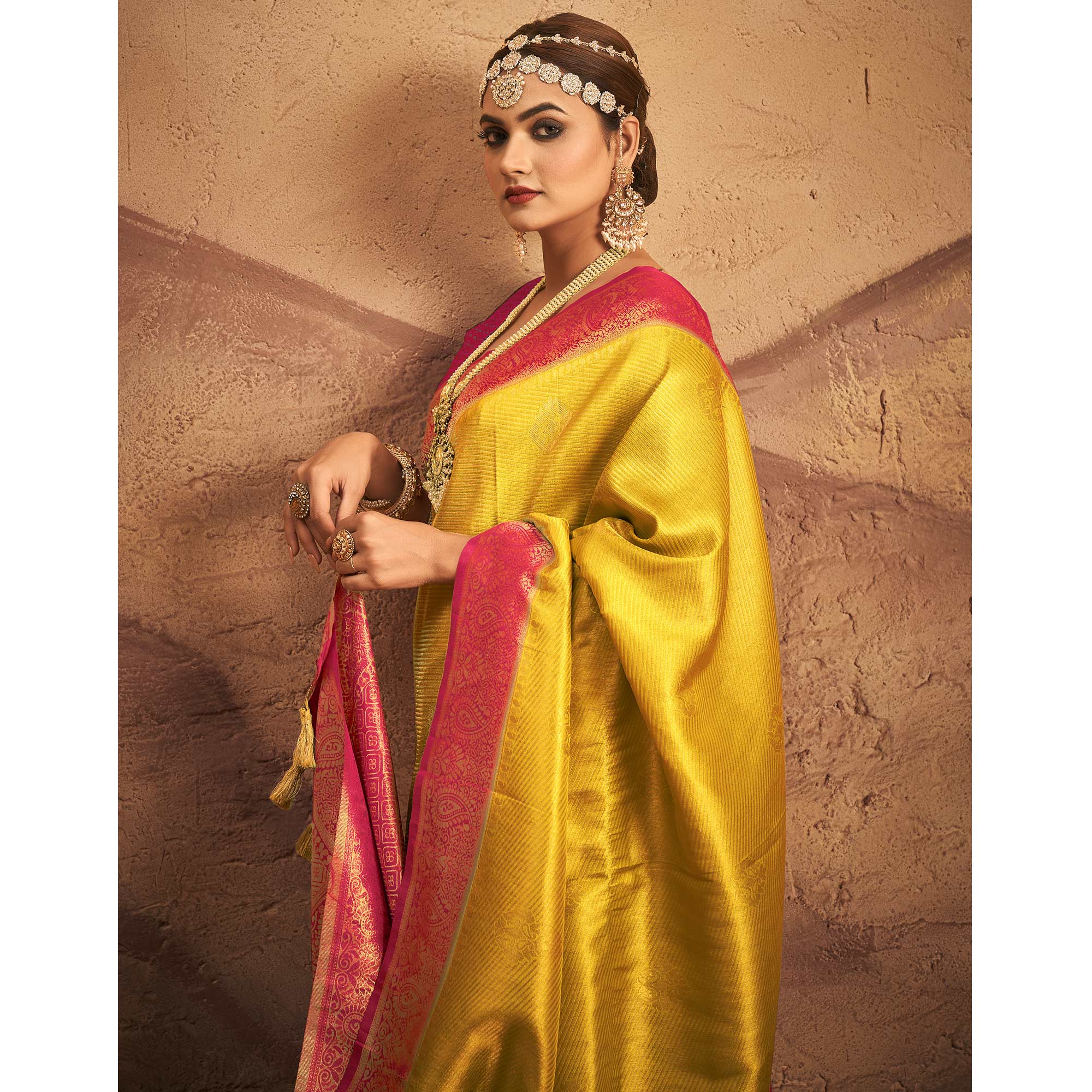 Lemon Yellow Woven Art Silk Saree With Tassels