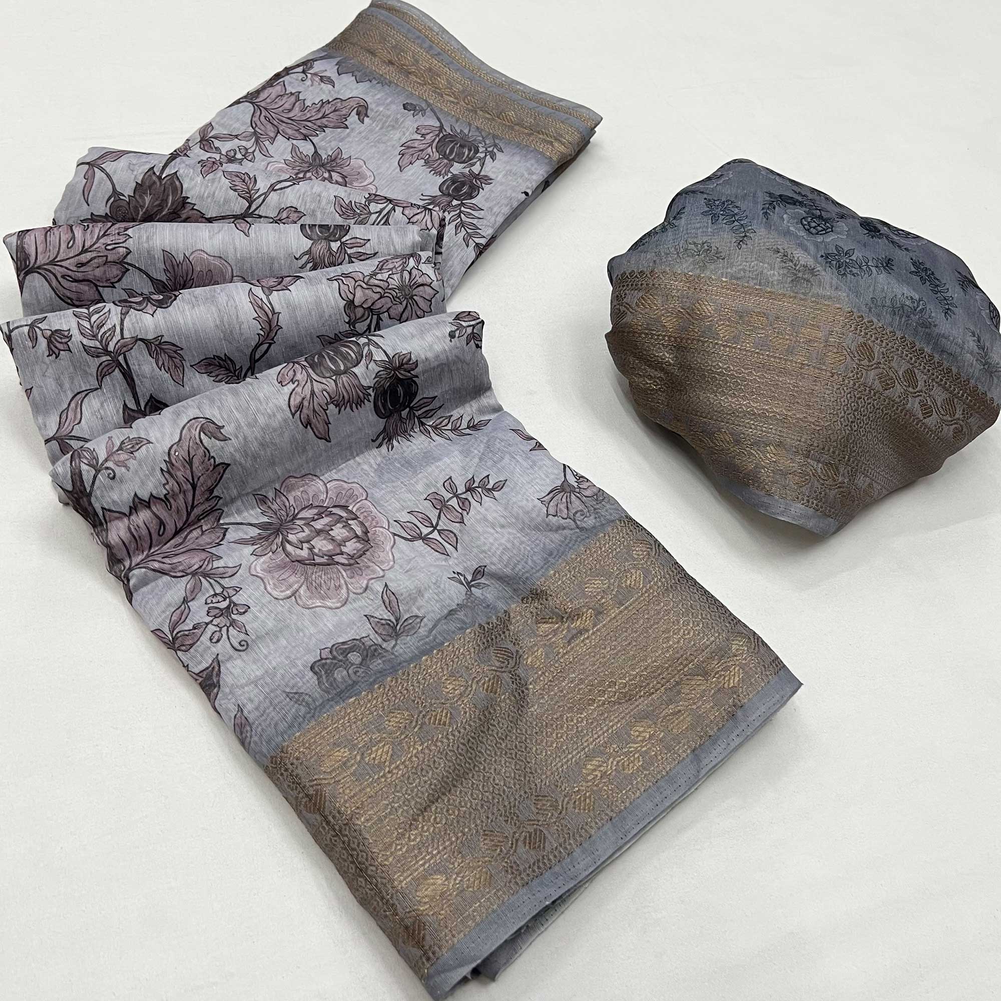 Grey Floral Digital Printed Pure Cotton Saree