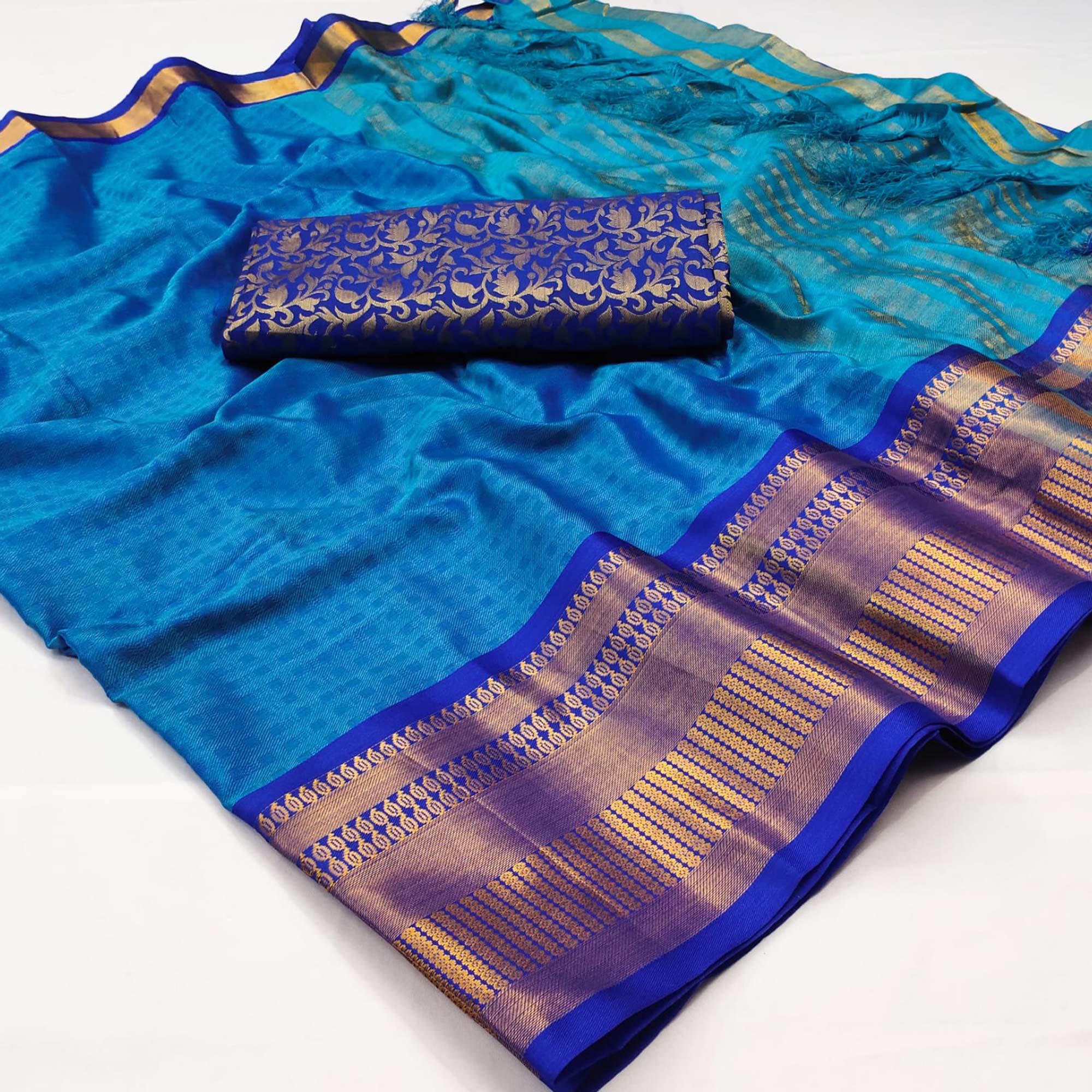 Blue Woven Cotton Silk Saree With Tassels