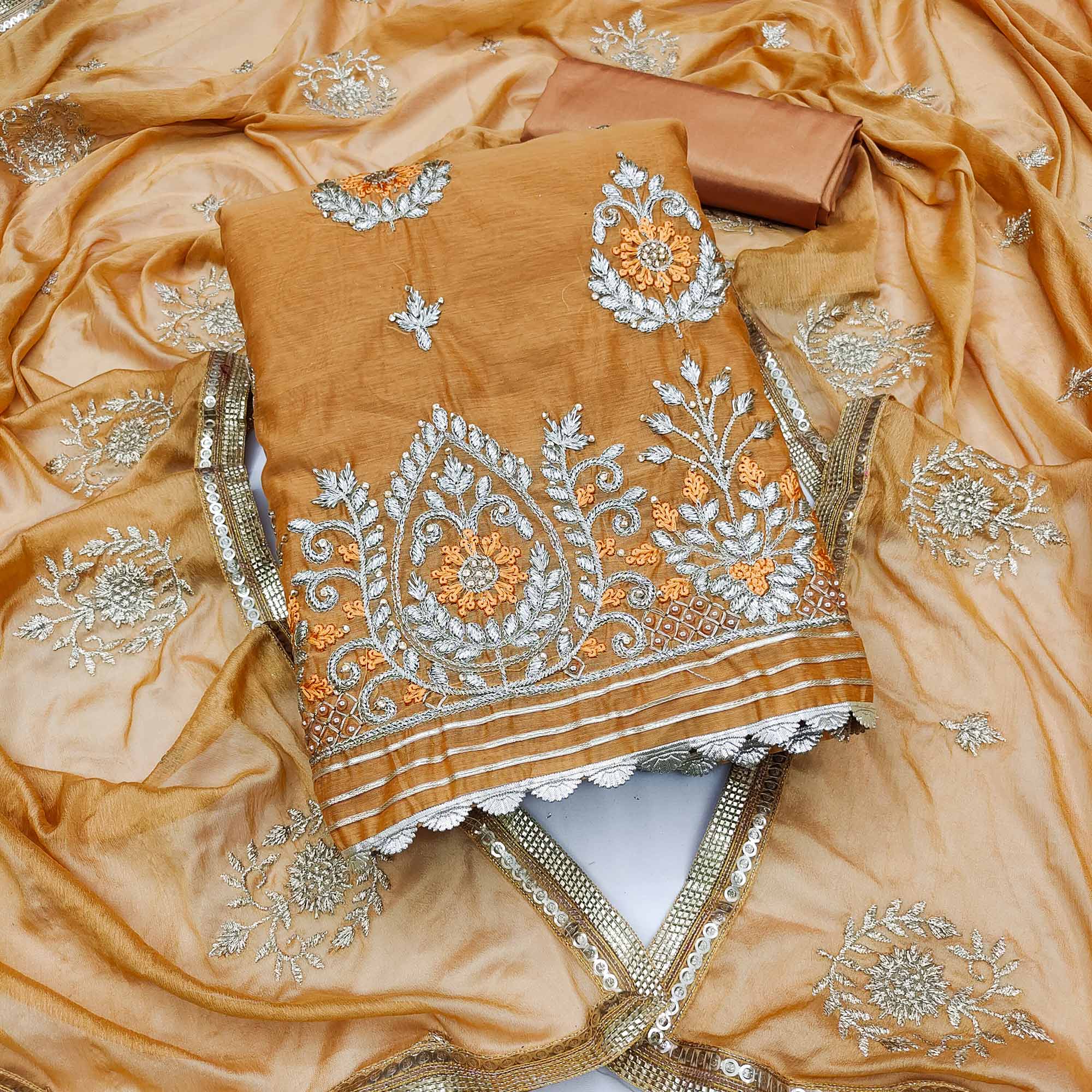 Mustard Floral Embroidered Modal Dress Material