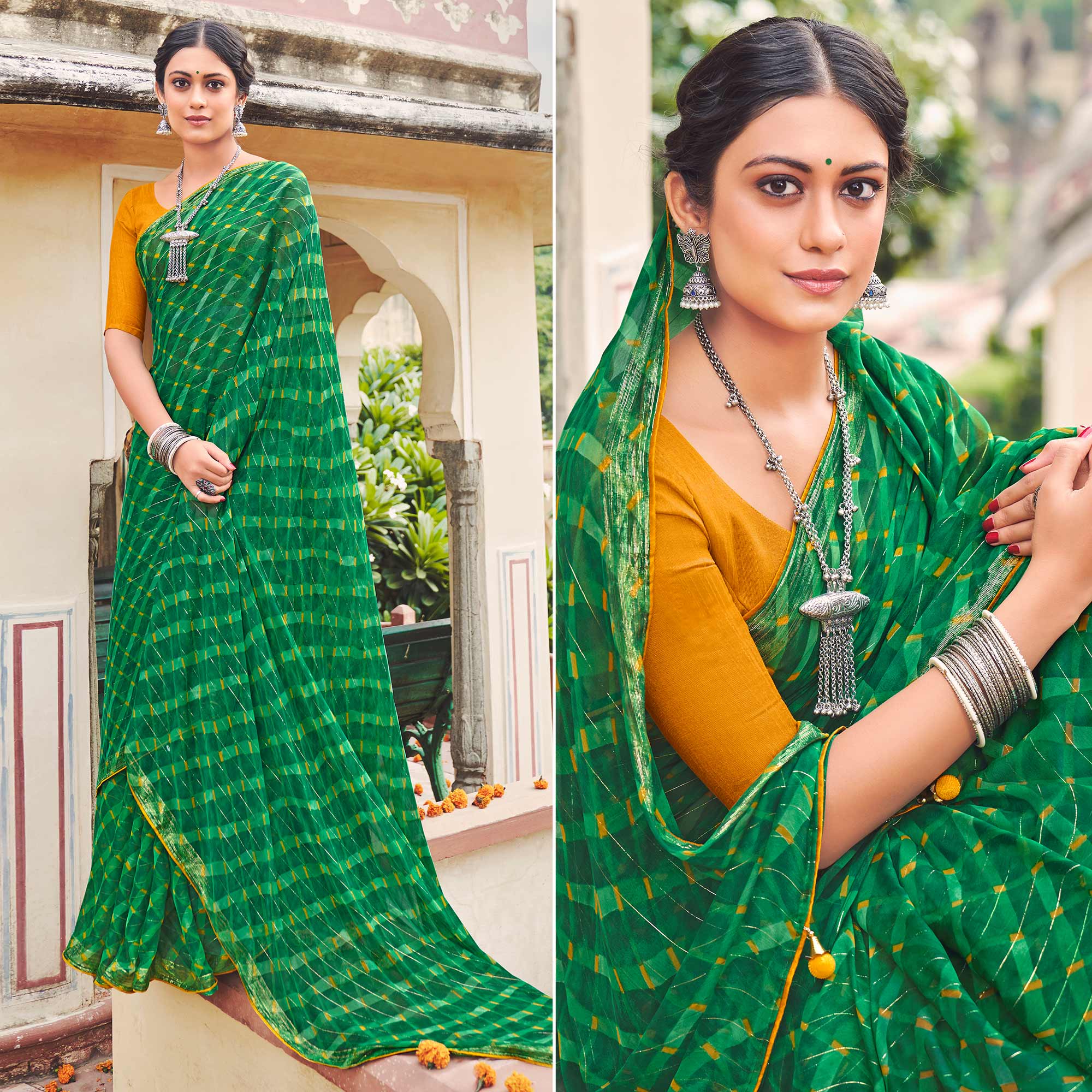 Green Printed Chiffon Saree