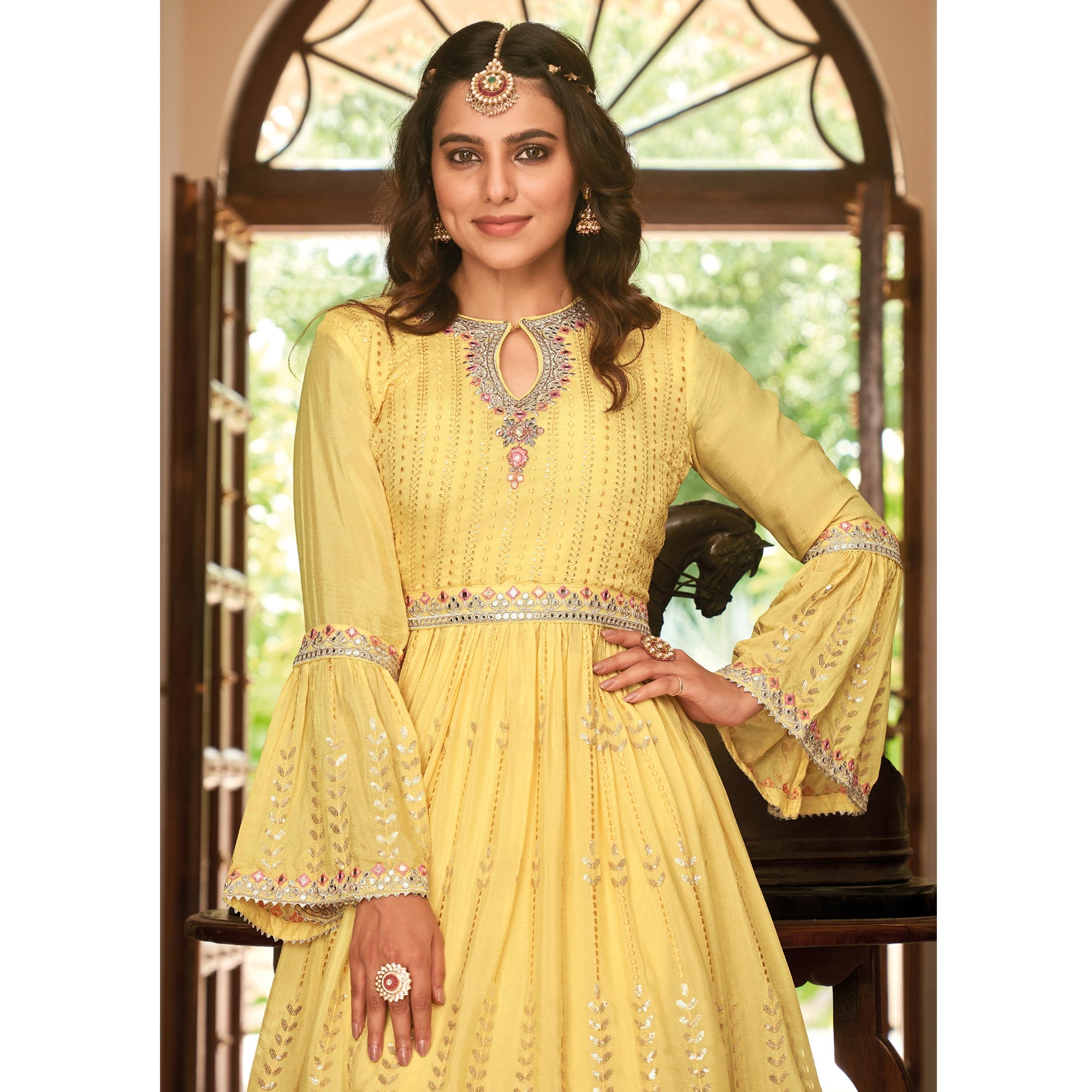 Yellow Floral Sequins Embroidered Chiffon Semi Stitched Sharara Suit