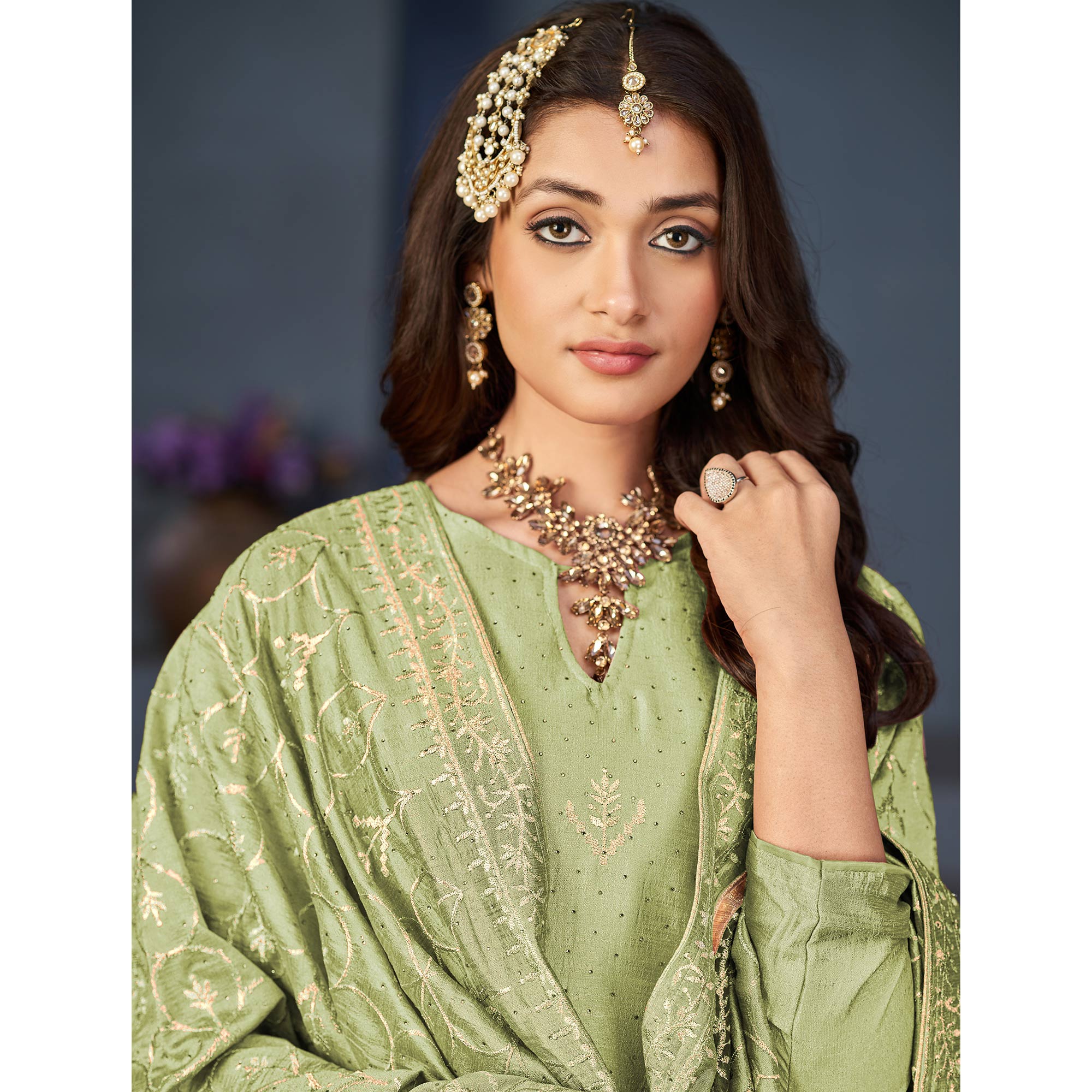 Pista Green Sequins Embroidered Dola Silk Suit
