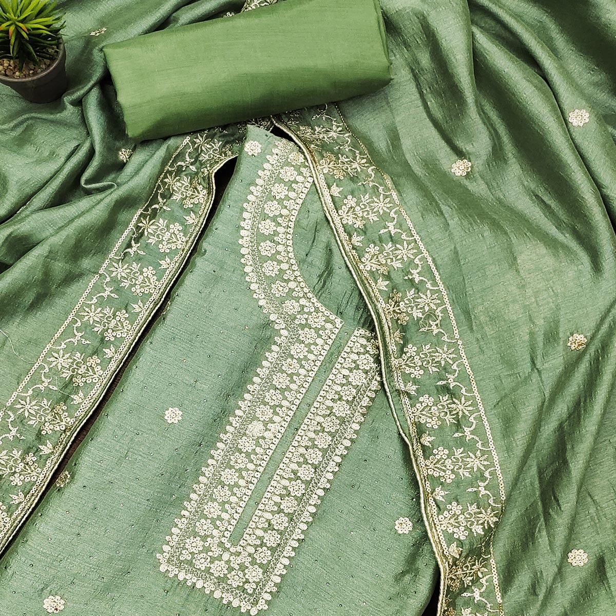 Green Floral Embroidered Modal Dress Material