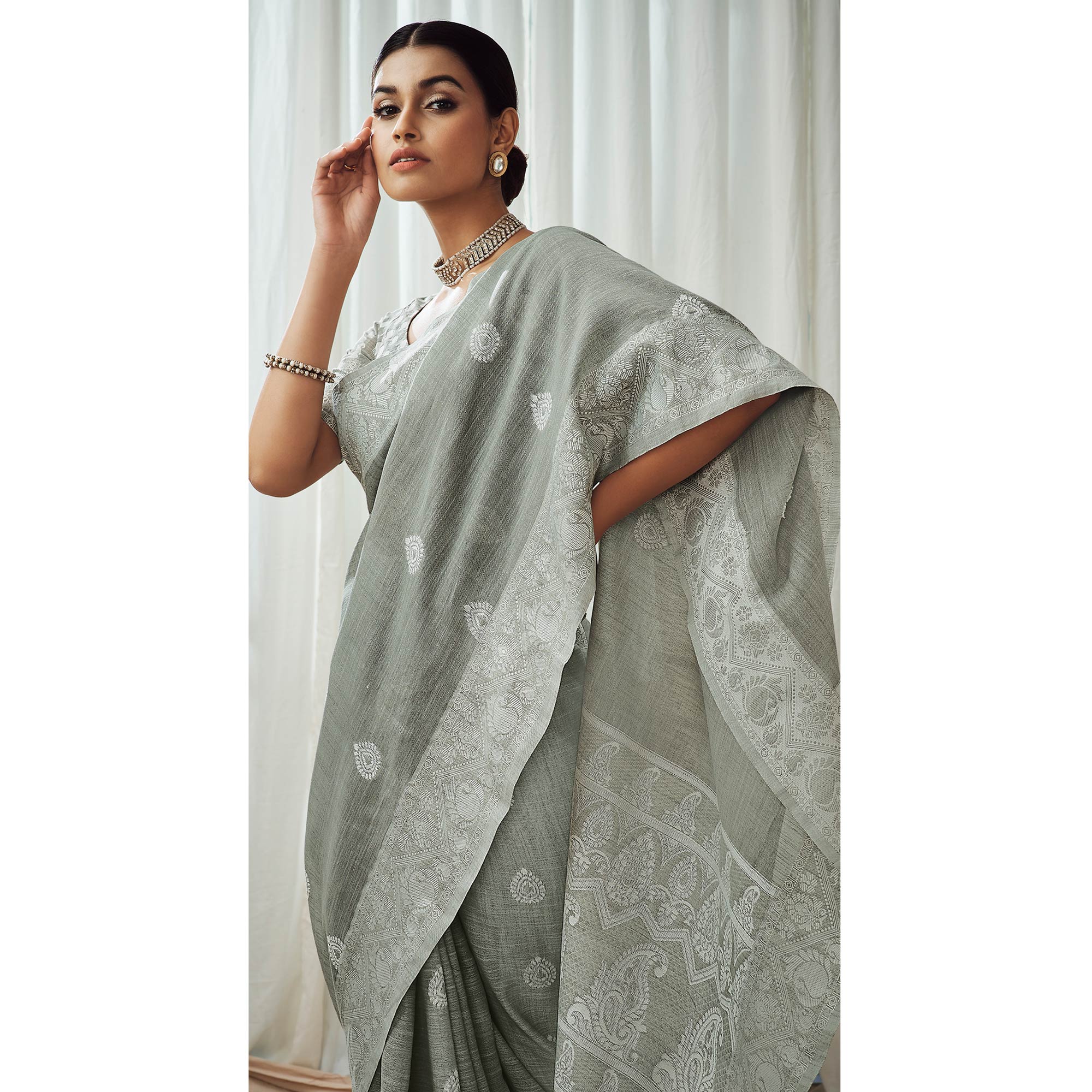 Grey Woven Linen Saree