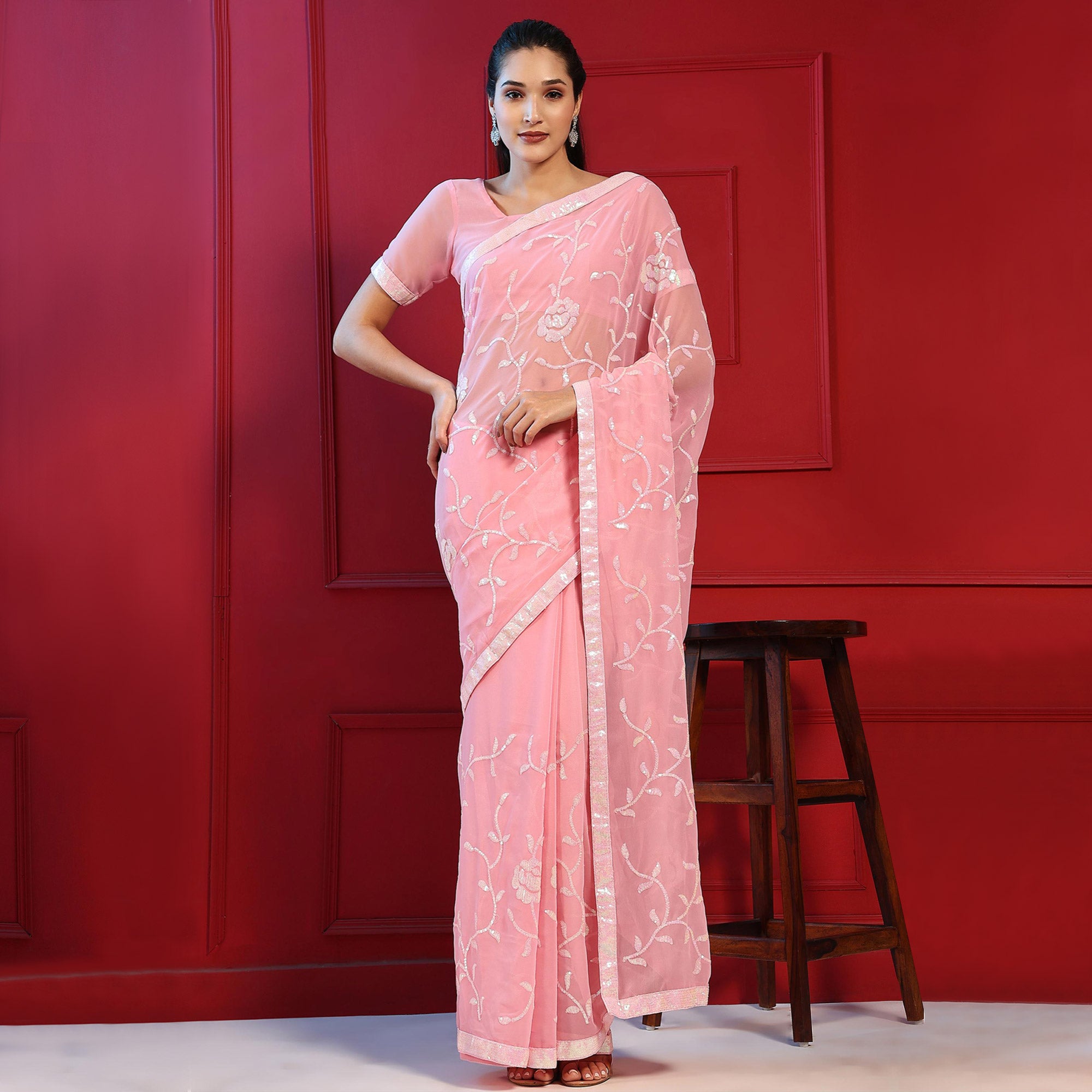 Pink Sequins Embroidered Georgette Saree