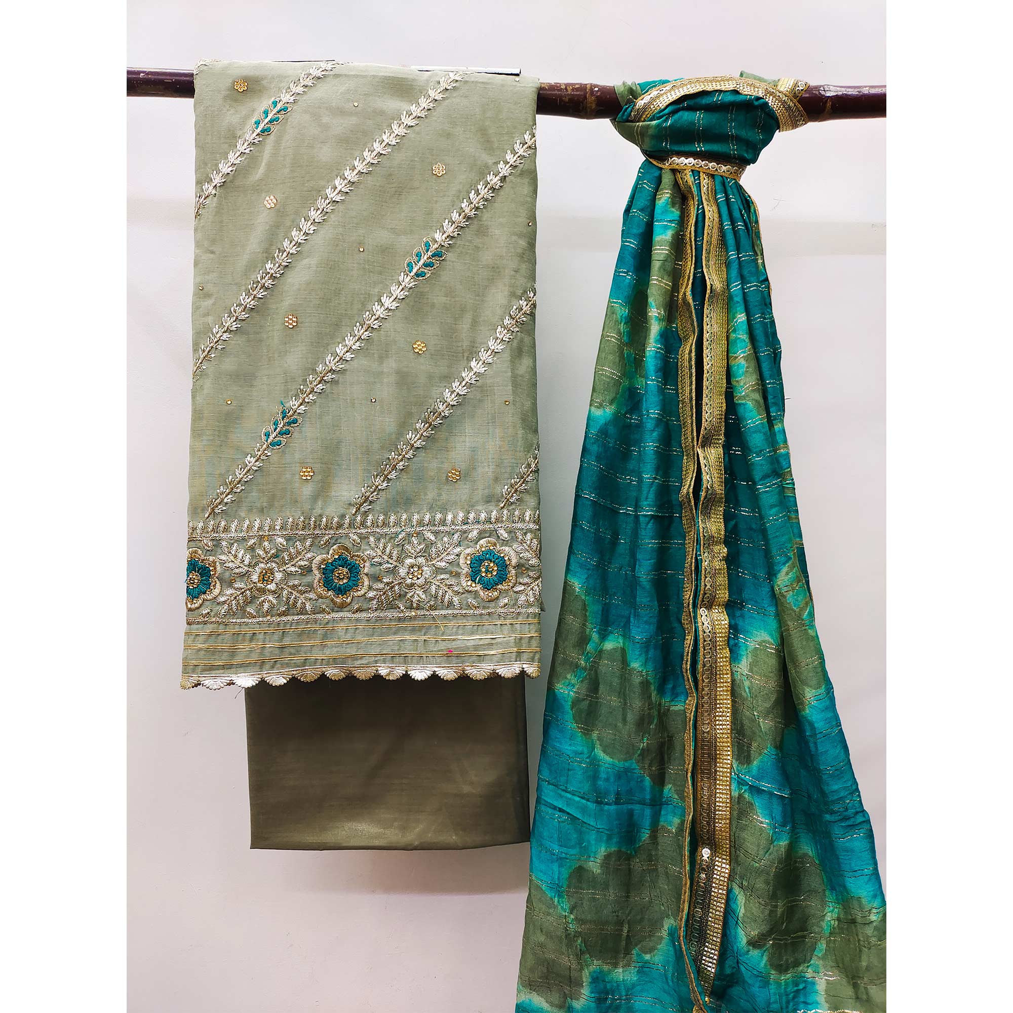 Green Floral Embroidered Modal Dress Material