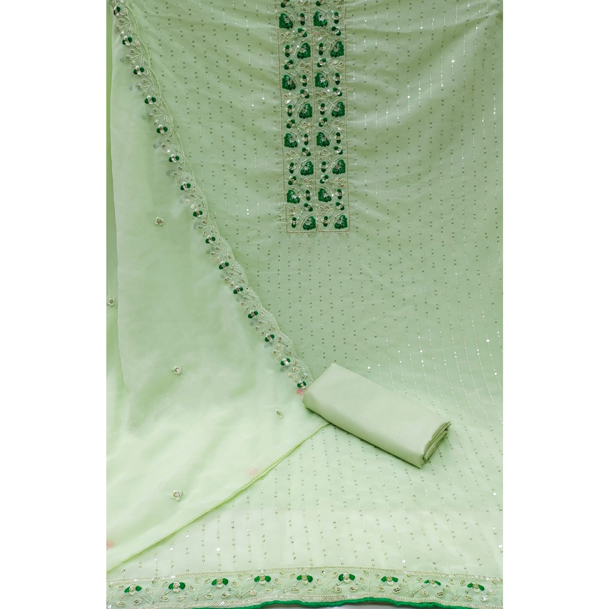 Pista Green Sequins Embroidered Georgette Dress Material